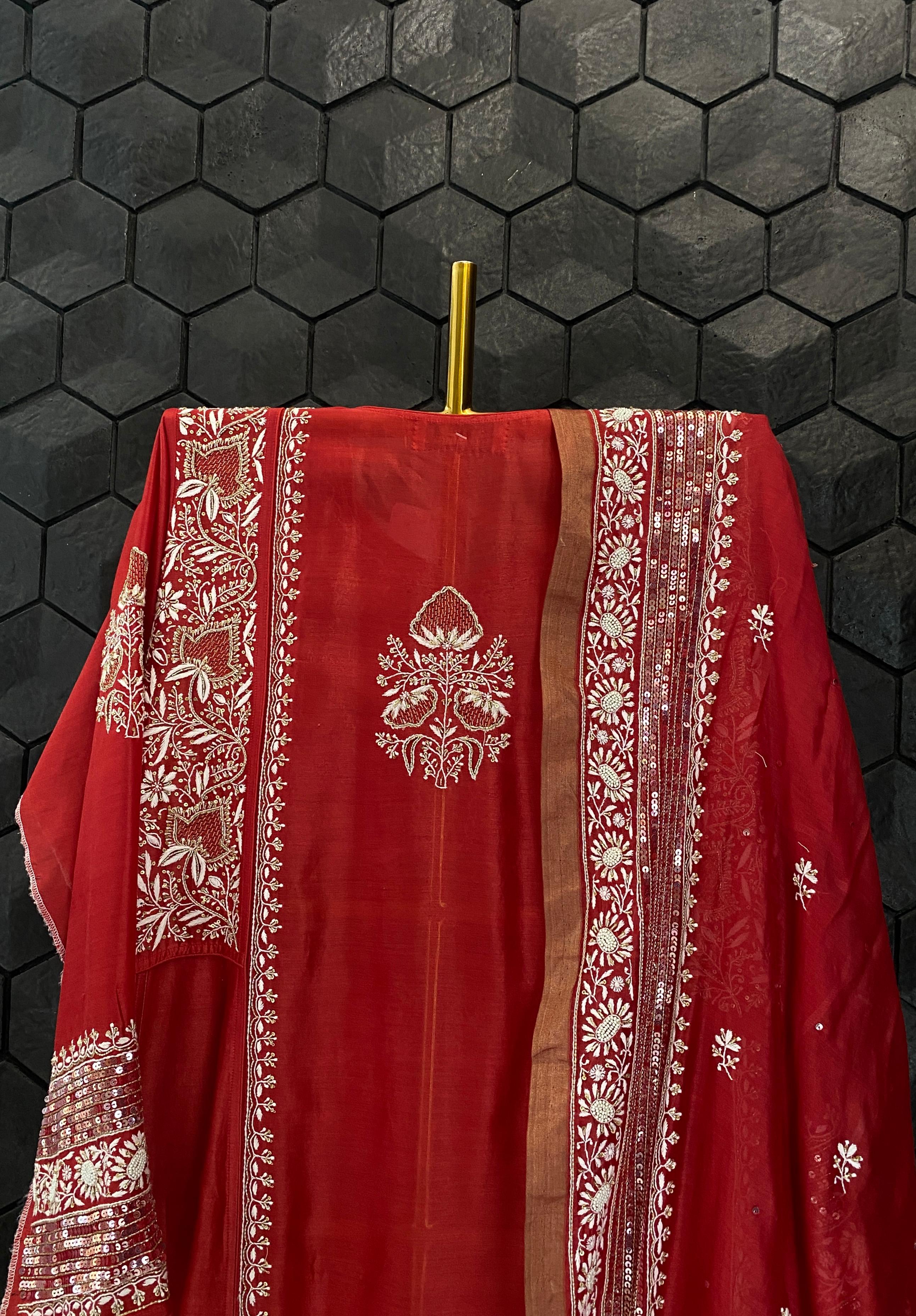 Red chanderi chikankari a-line kurta set with signature sequins dupatta