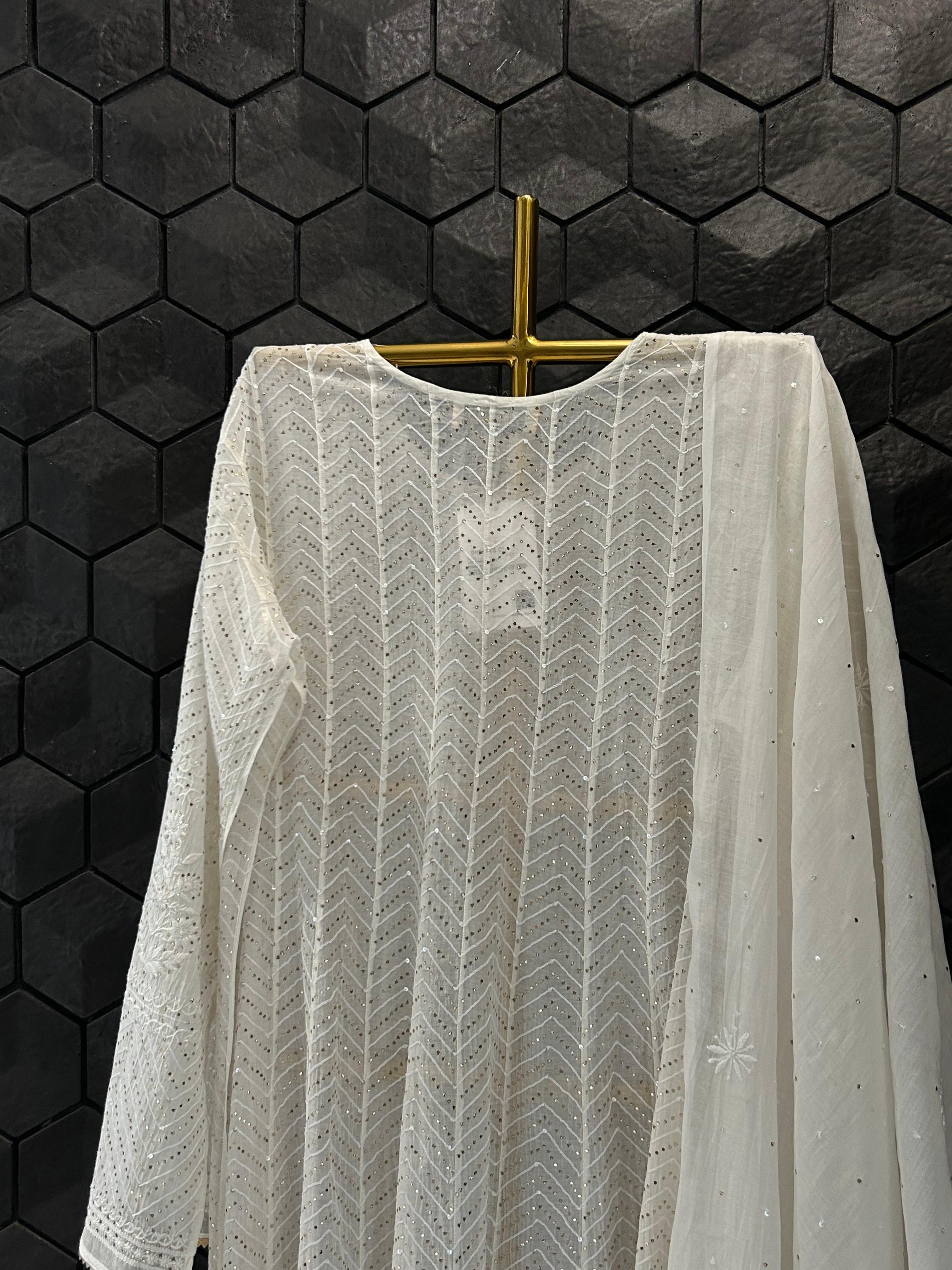 White Mul Chanderi Chikankari Anarkali Set