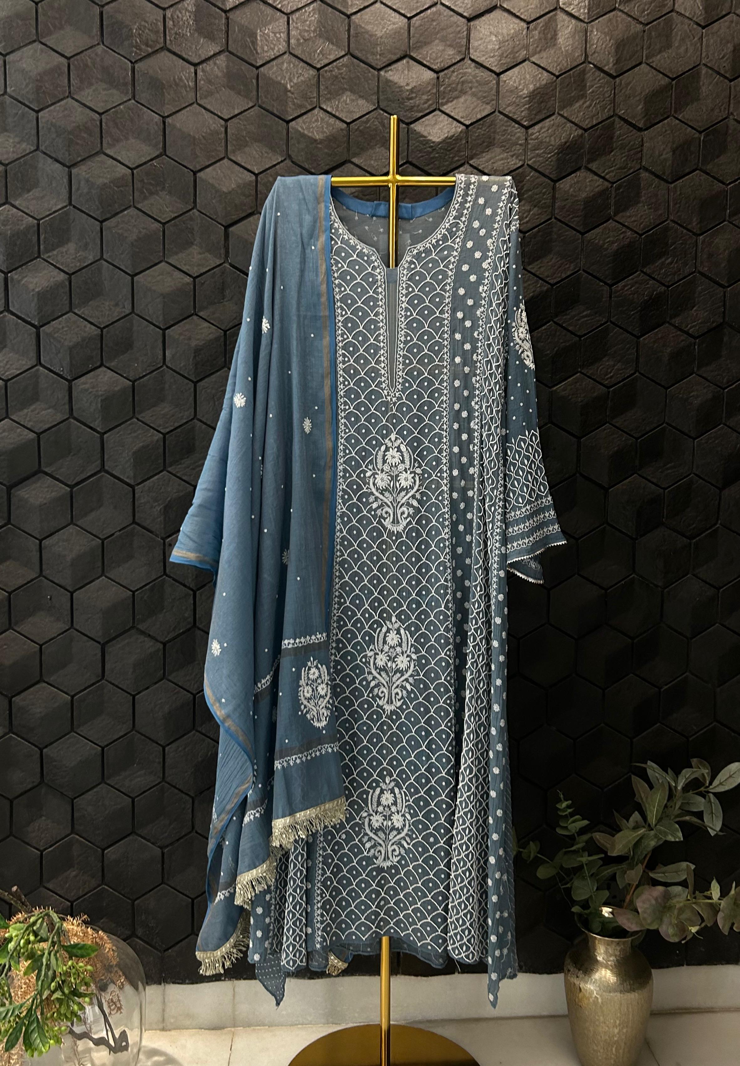 Cobalt Blue Tissue Chikankari Anarkali set