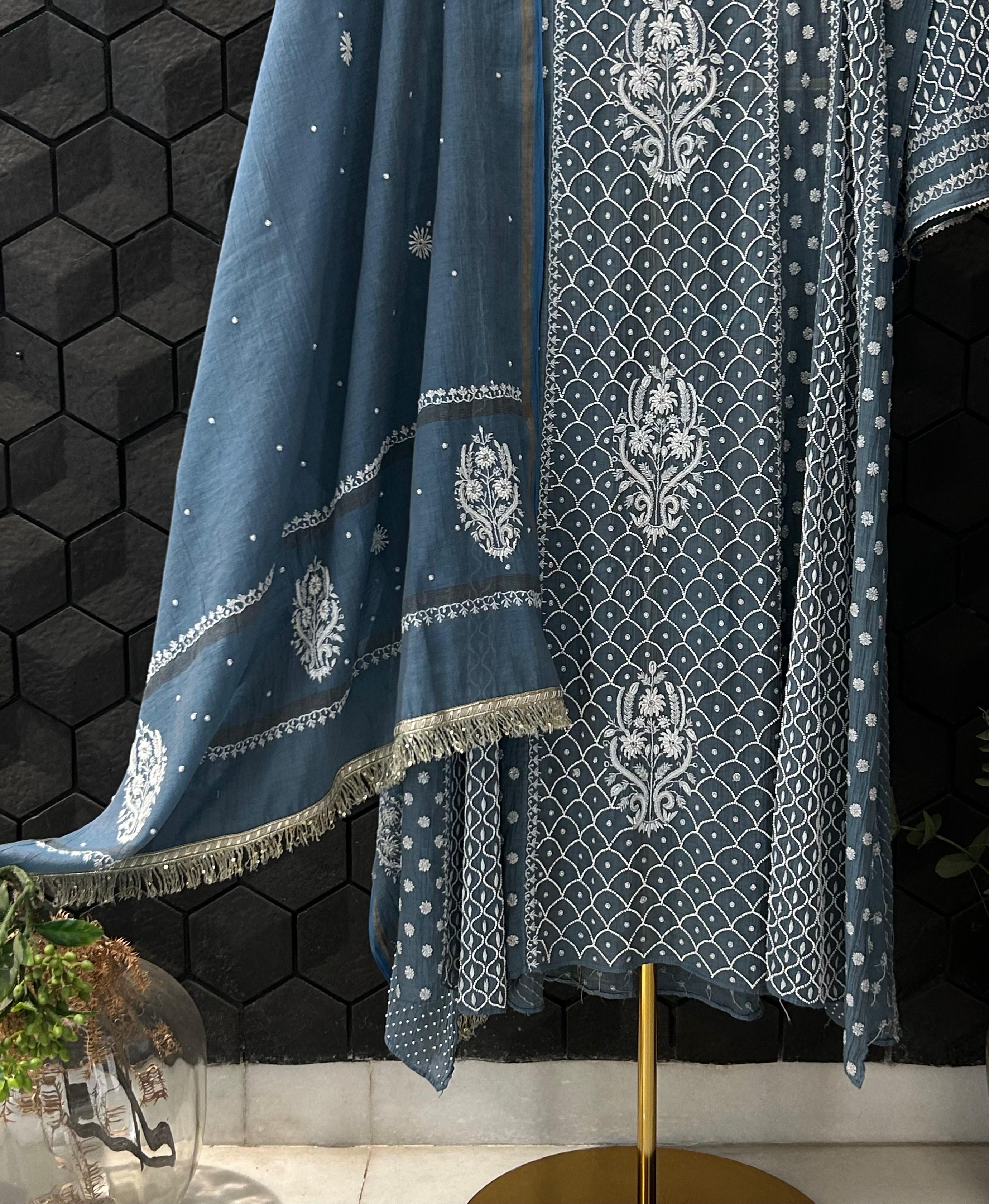Cobalt Blue Tissue Chikankari Anarkali set
