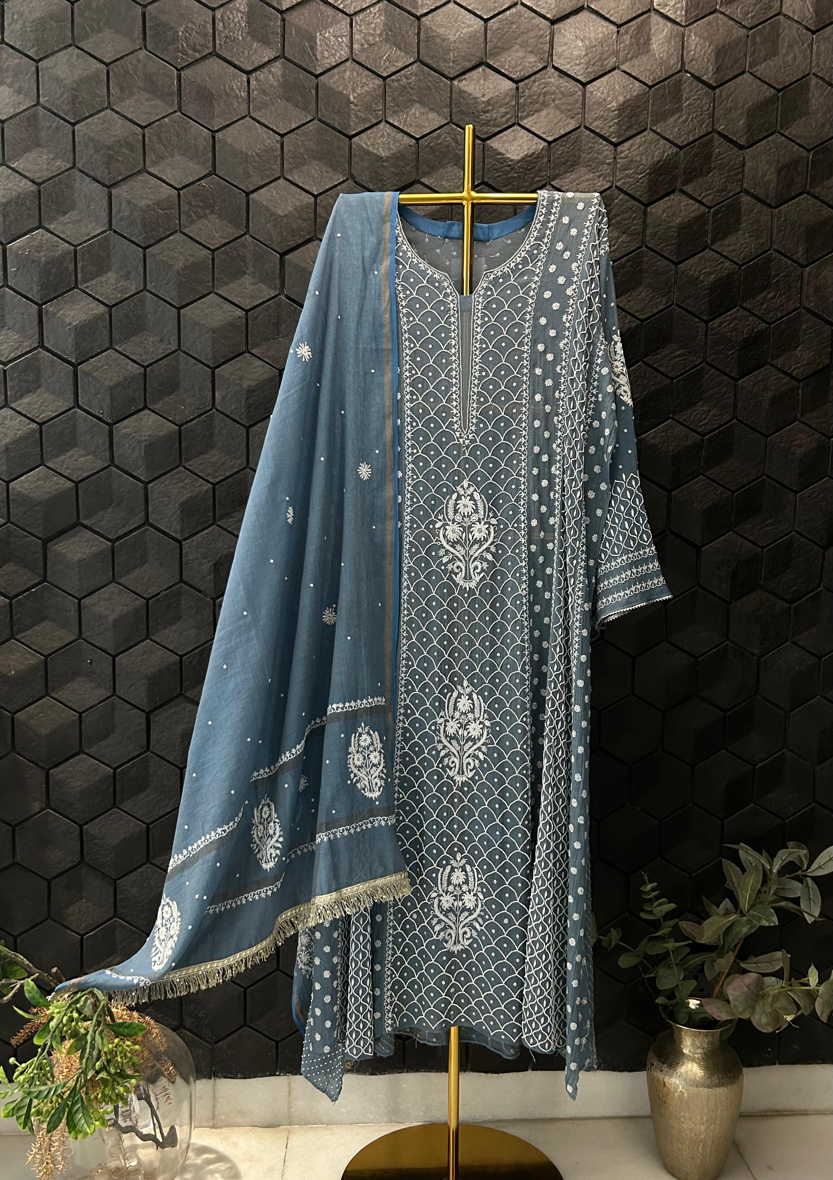 Cobalt Blue Tissue Chikankari Anarkali set