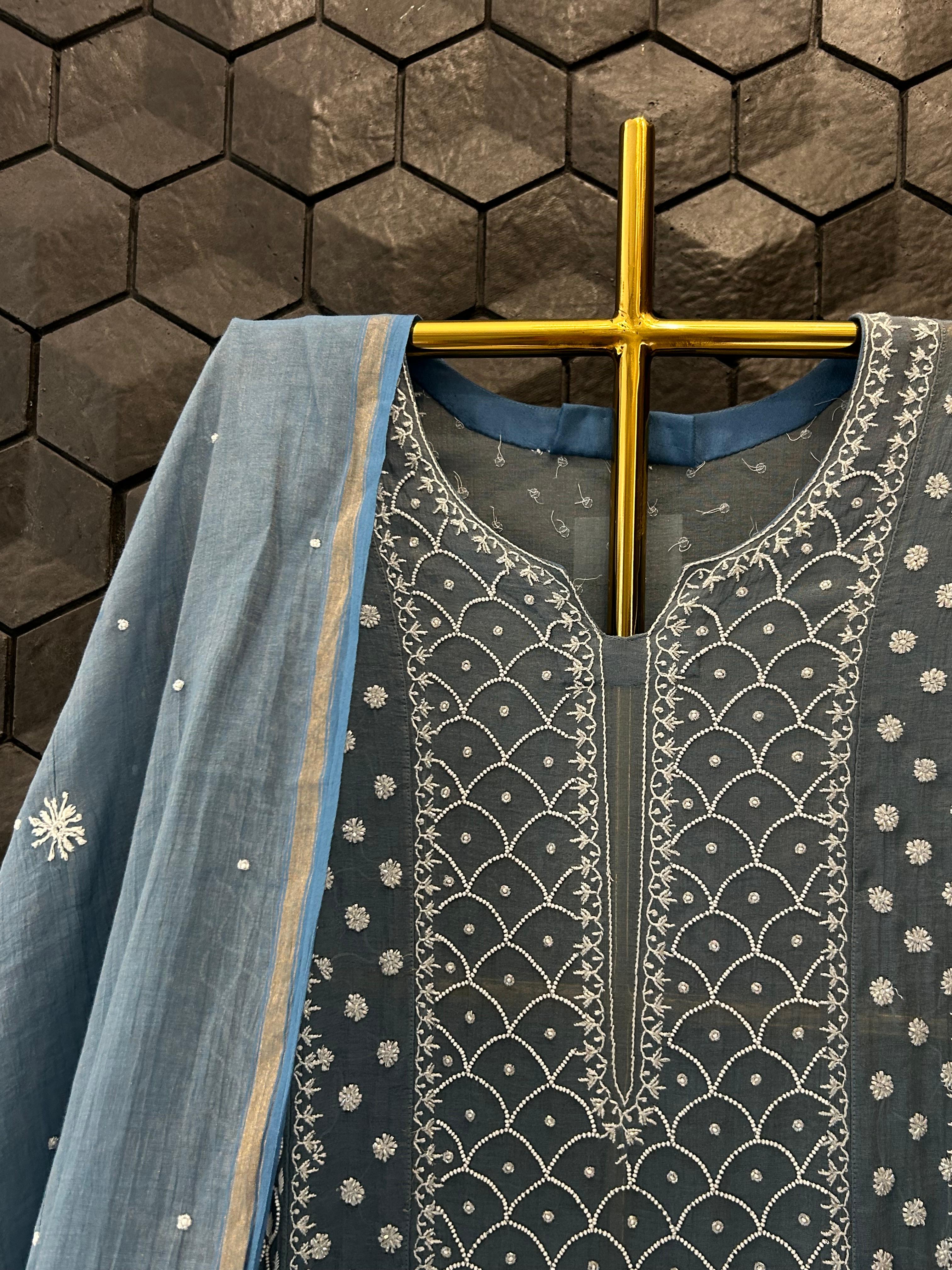 Cobalt Blue Tissue Chikankari Anarkali set