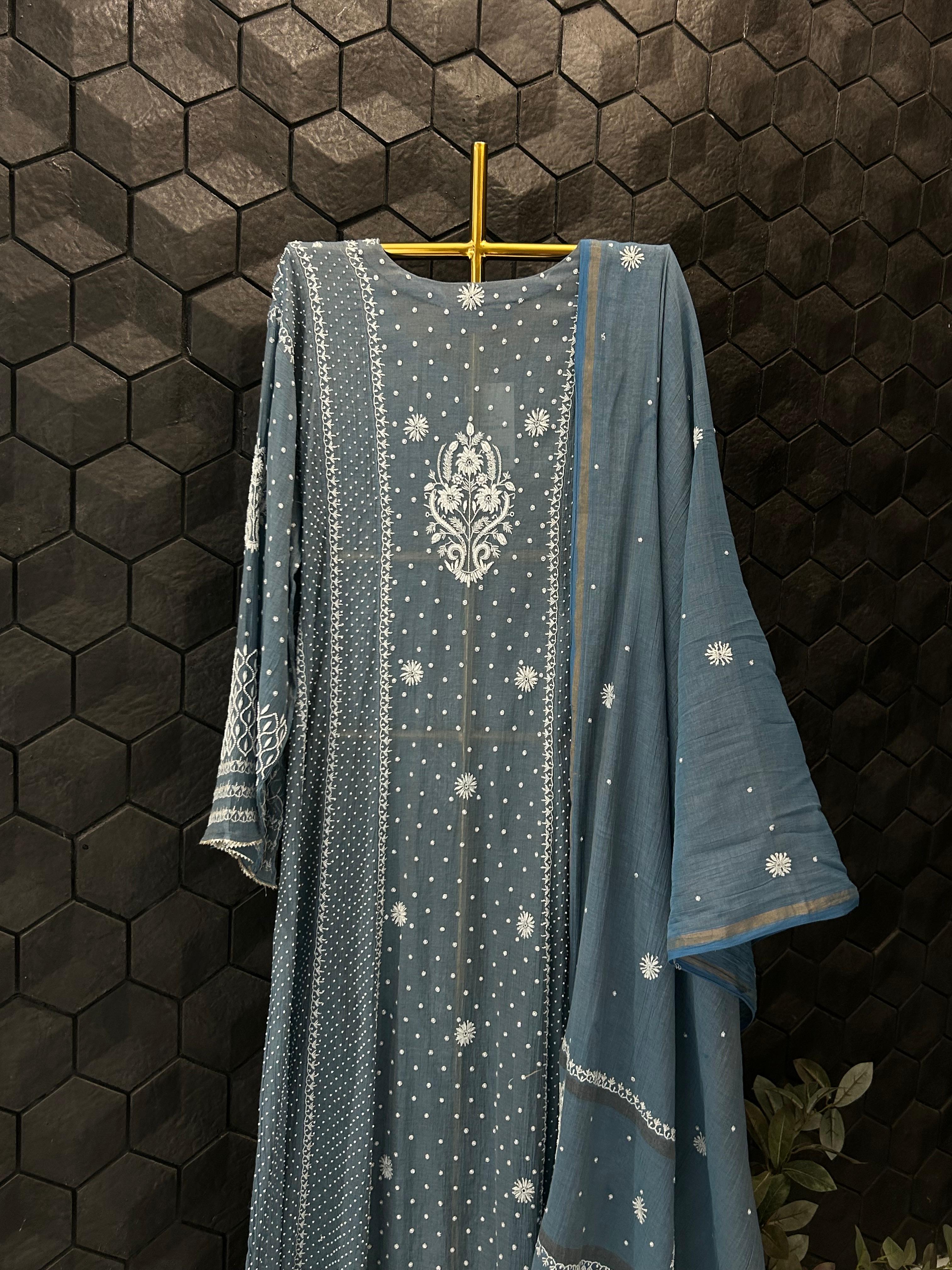Cobalt Blue Tissue Chikankari Anarkali set