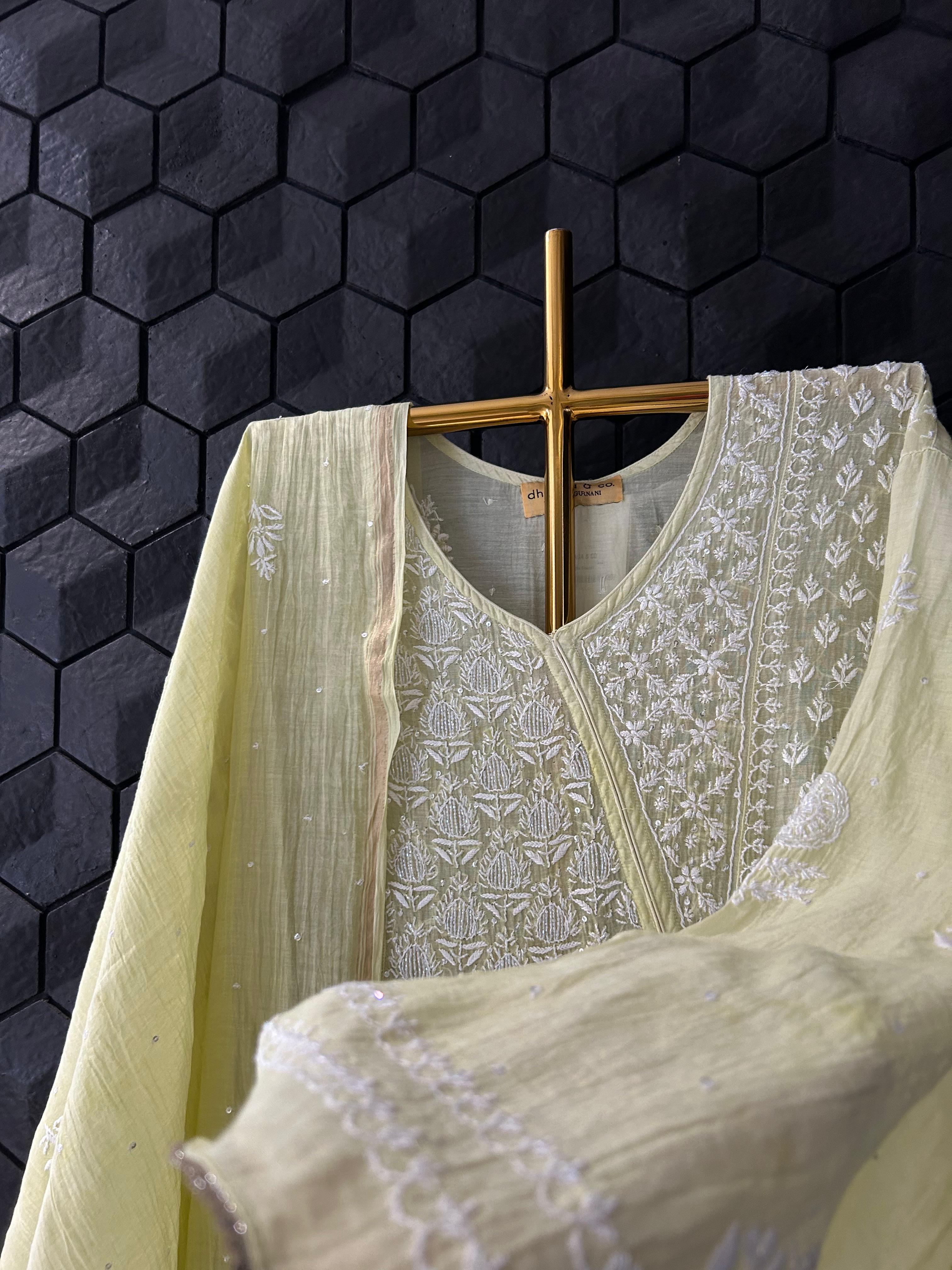 Lime Green Mul Chanderi Chikankari Angarkha Kurta Set