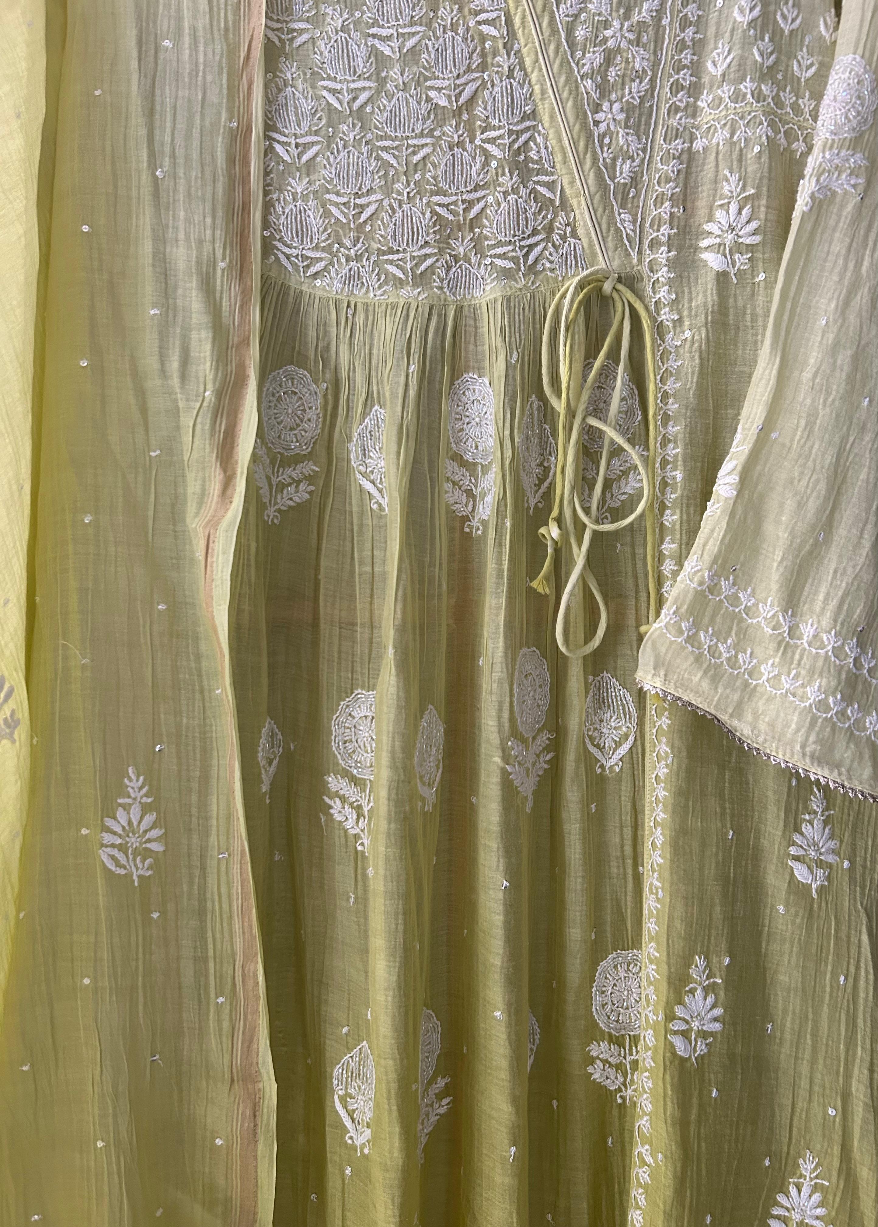 Lime Green Mul Chanderi Chikankari Angarkha Kurta Set