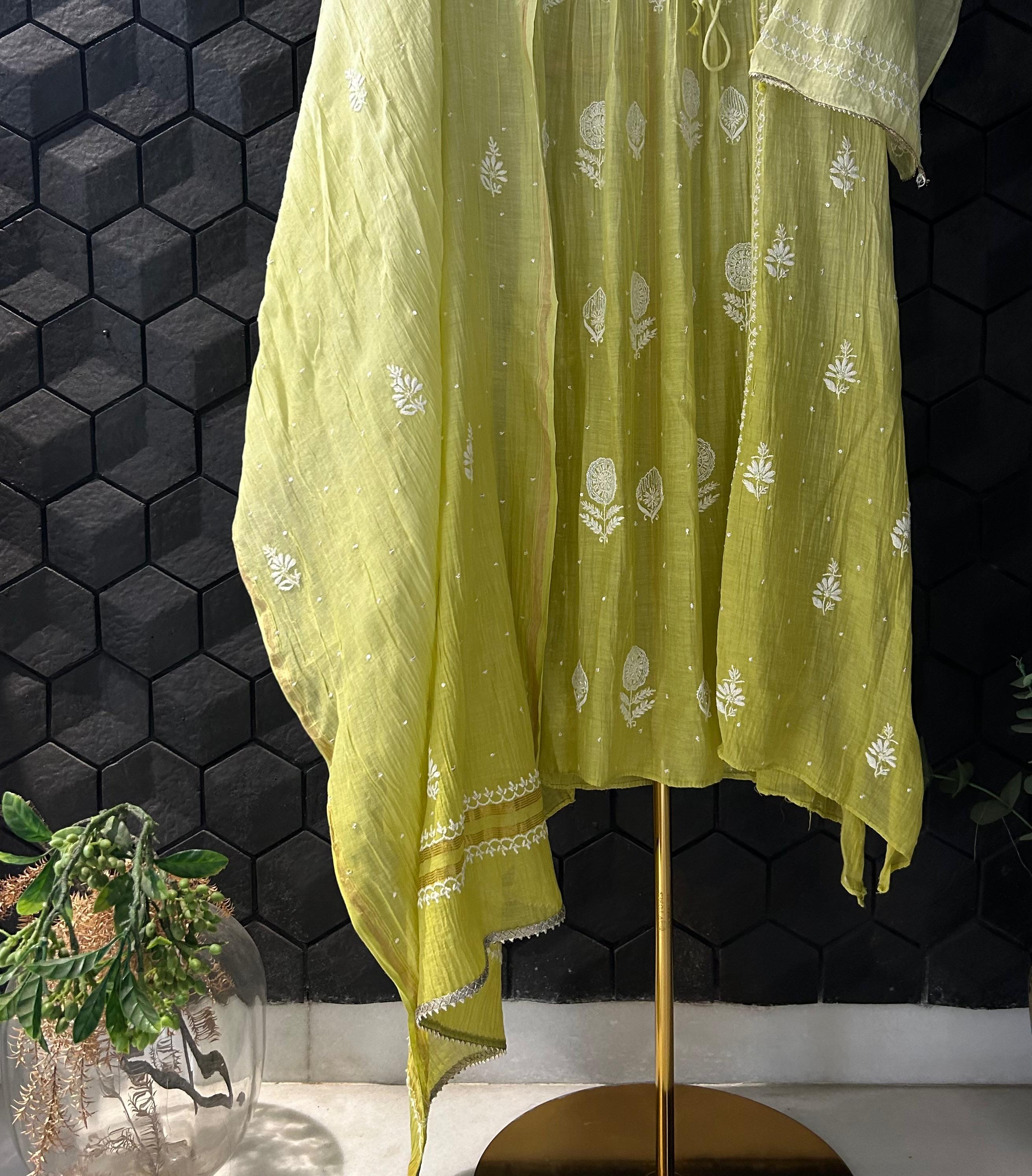 Lime Green Mul Chanderi Chikankari Angarkha Kurta Set