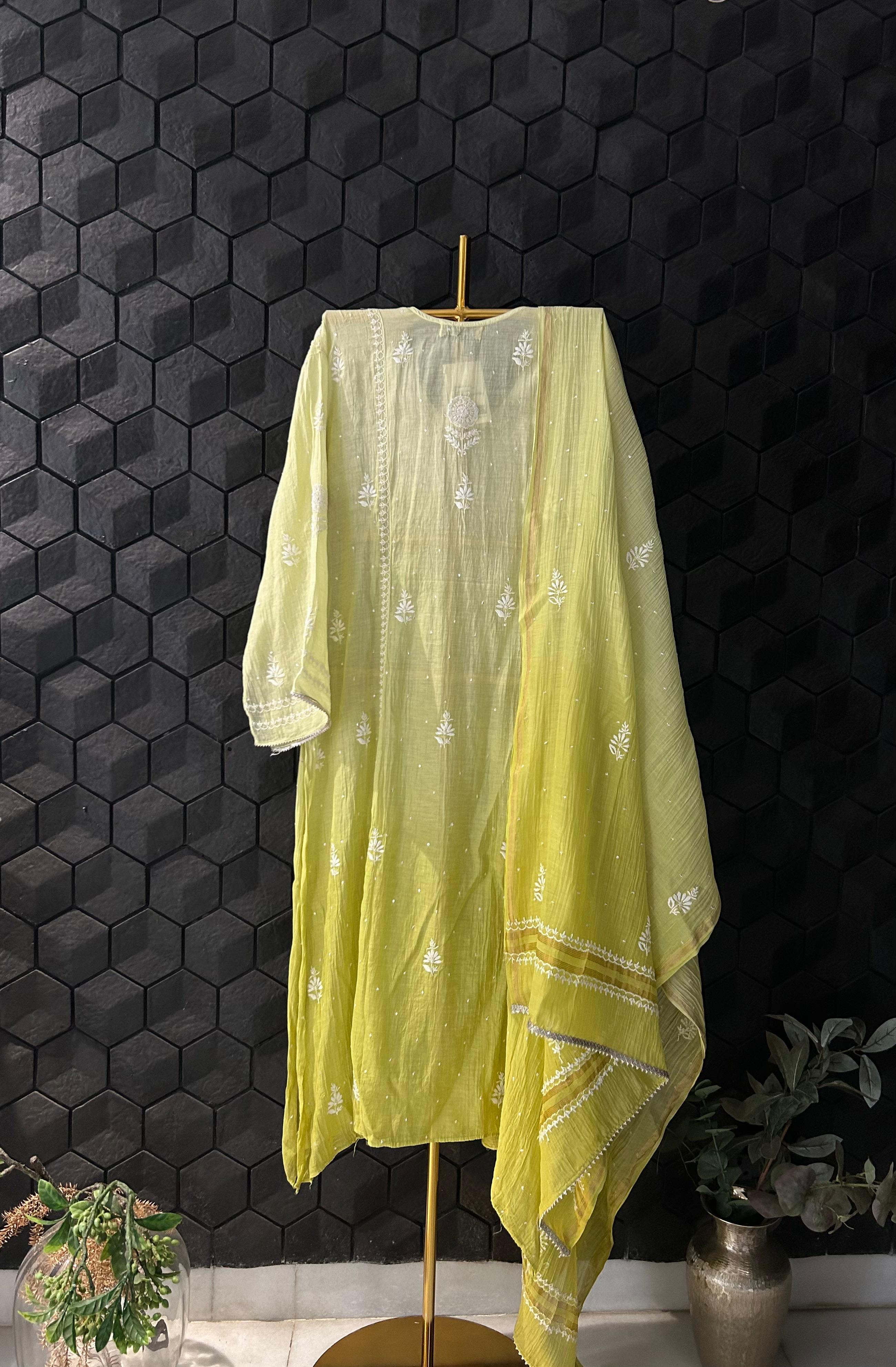 Lime Green Mul Chanderi Chikankari Angarkha Kurta Set