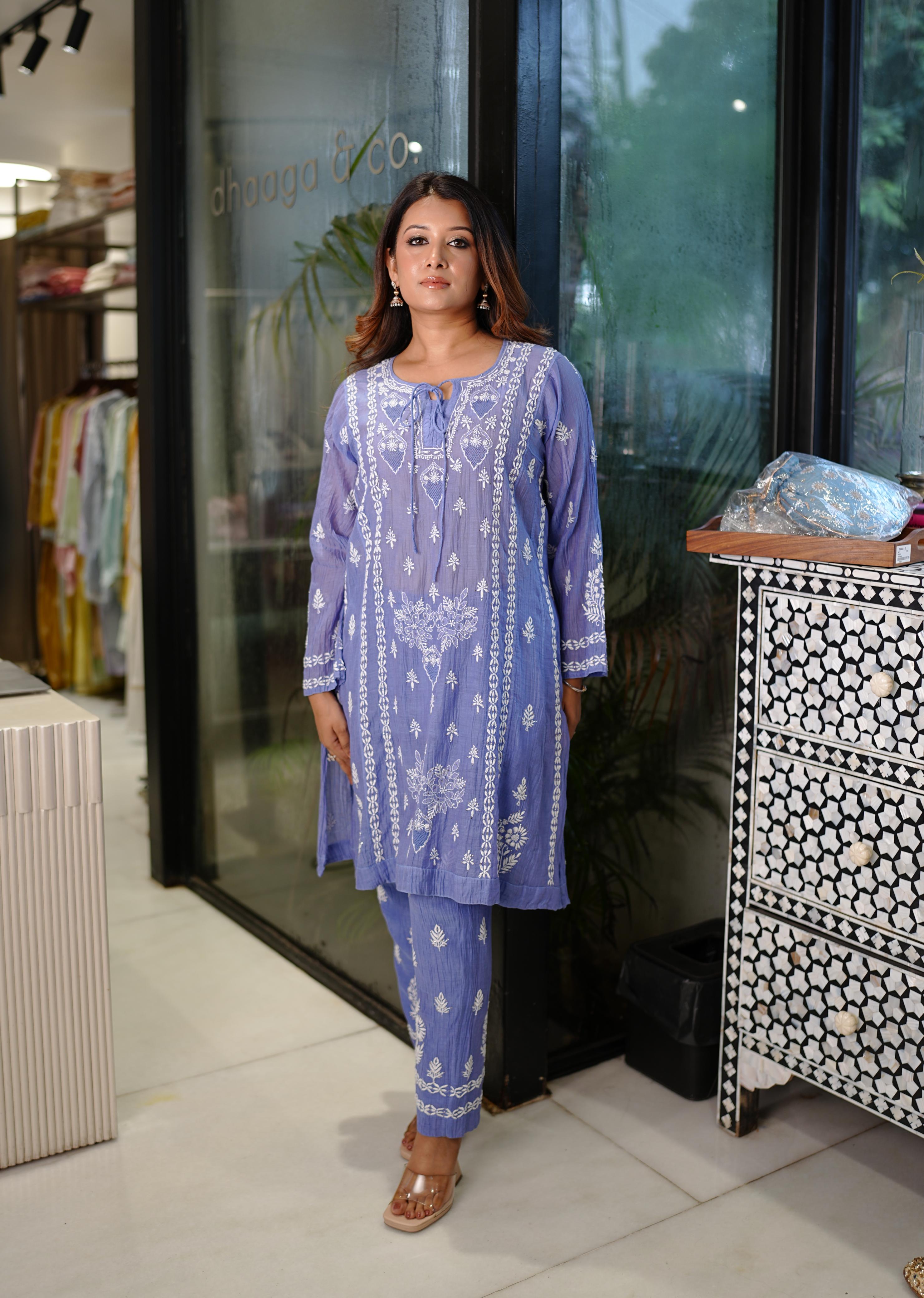 Periwinkle Mul Chanderi Chikankari Co - Ord set