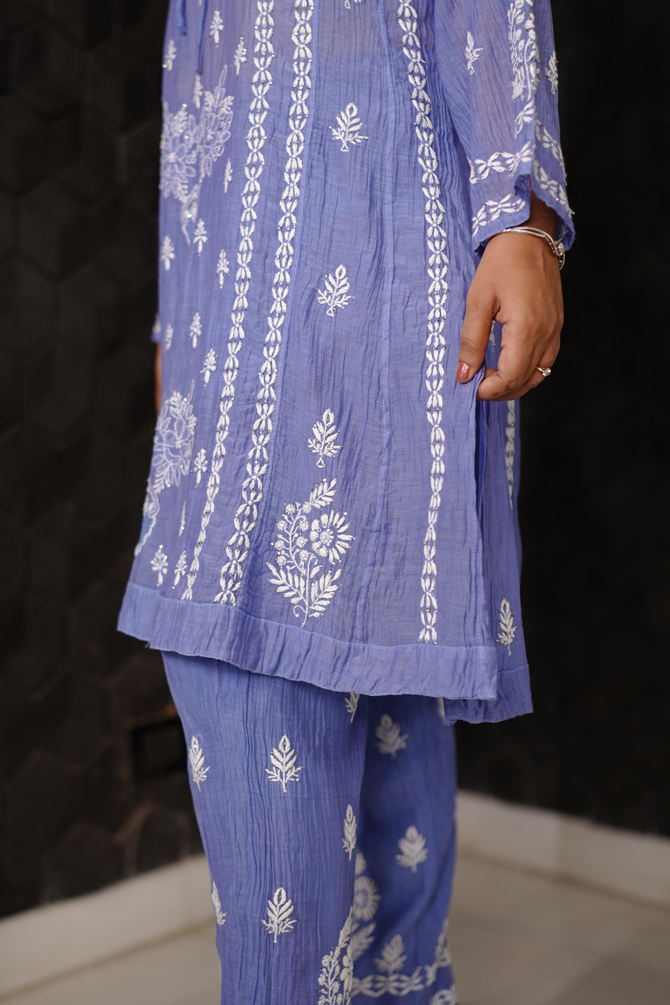 Periwinkle Mul Chanderi Chikankari Co - Ord set