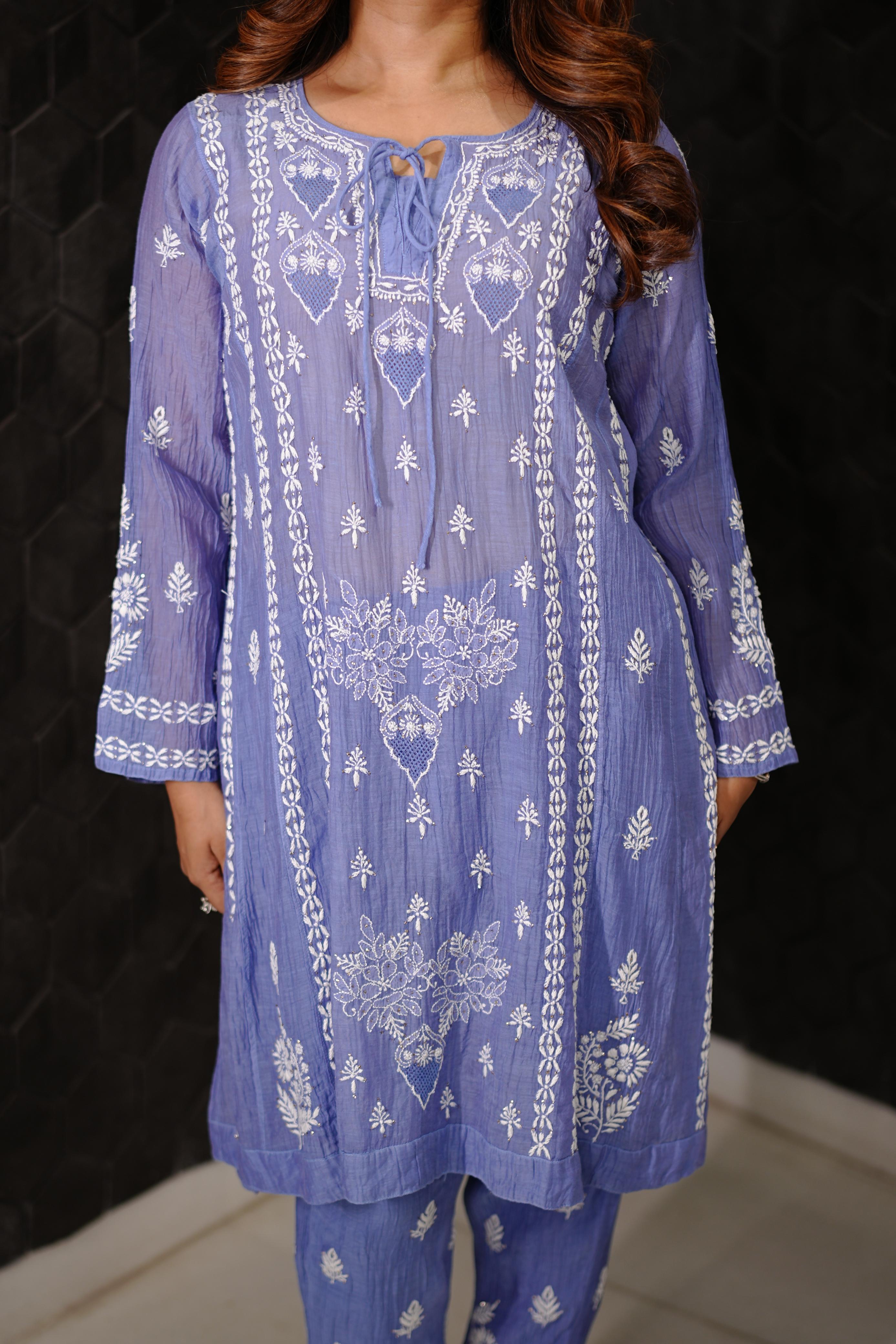 Periwinkle Mul Chanderi Chikankari Co - Ord set