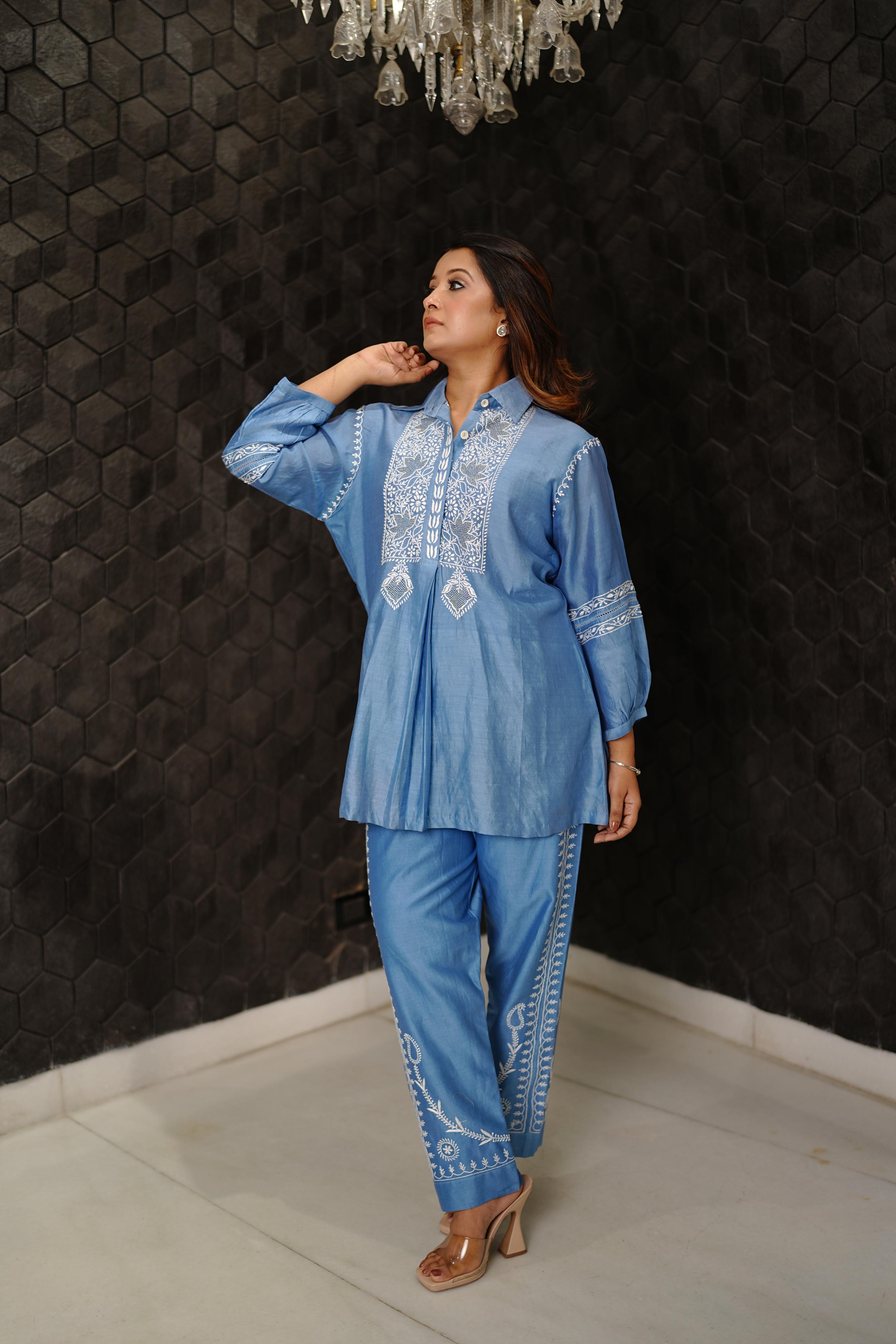 Blue Chanderi Chikankari Co-ord sets