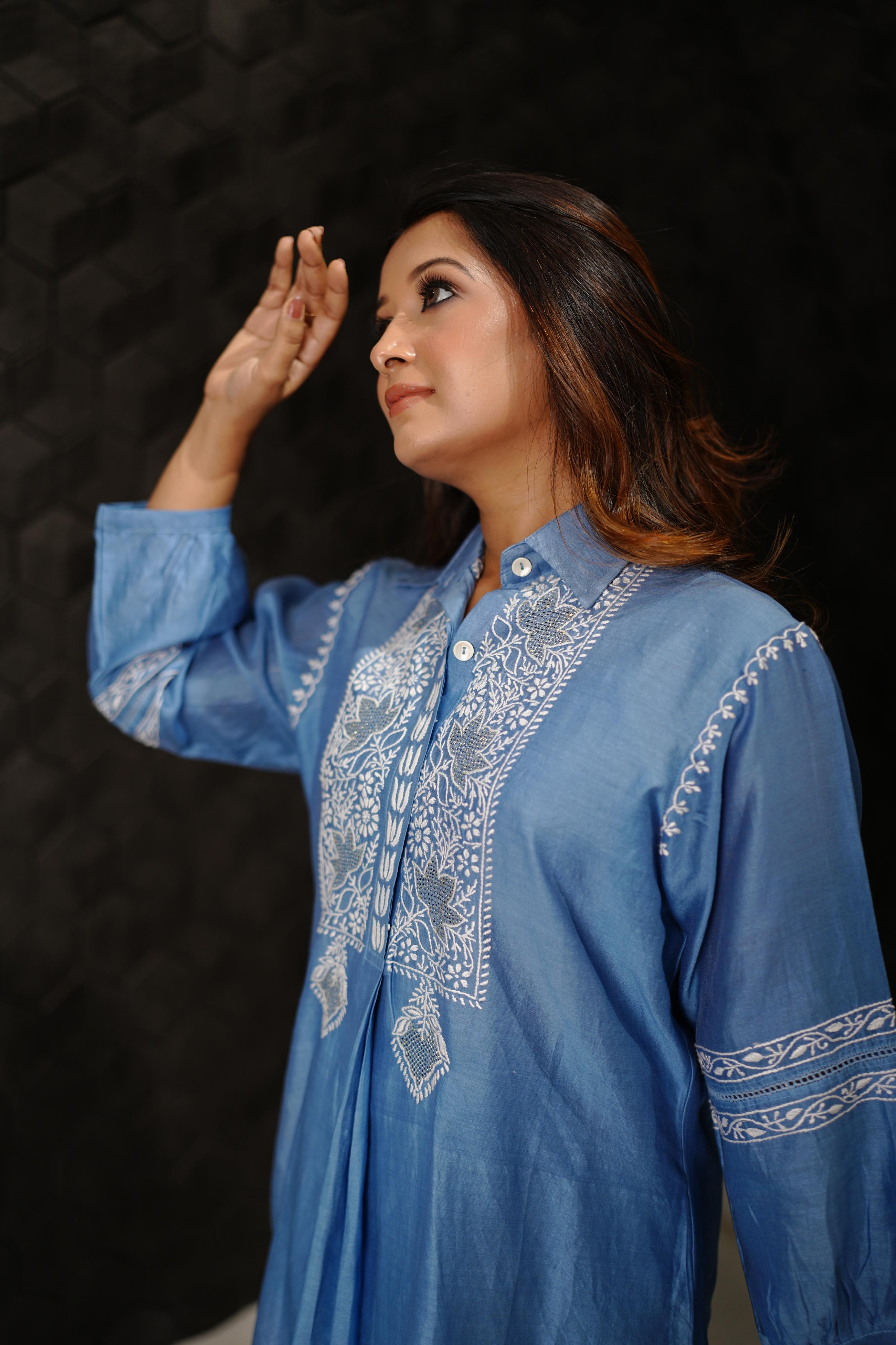 Blue Chanderi Chikankari Co-ord sets