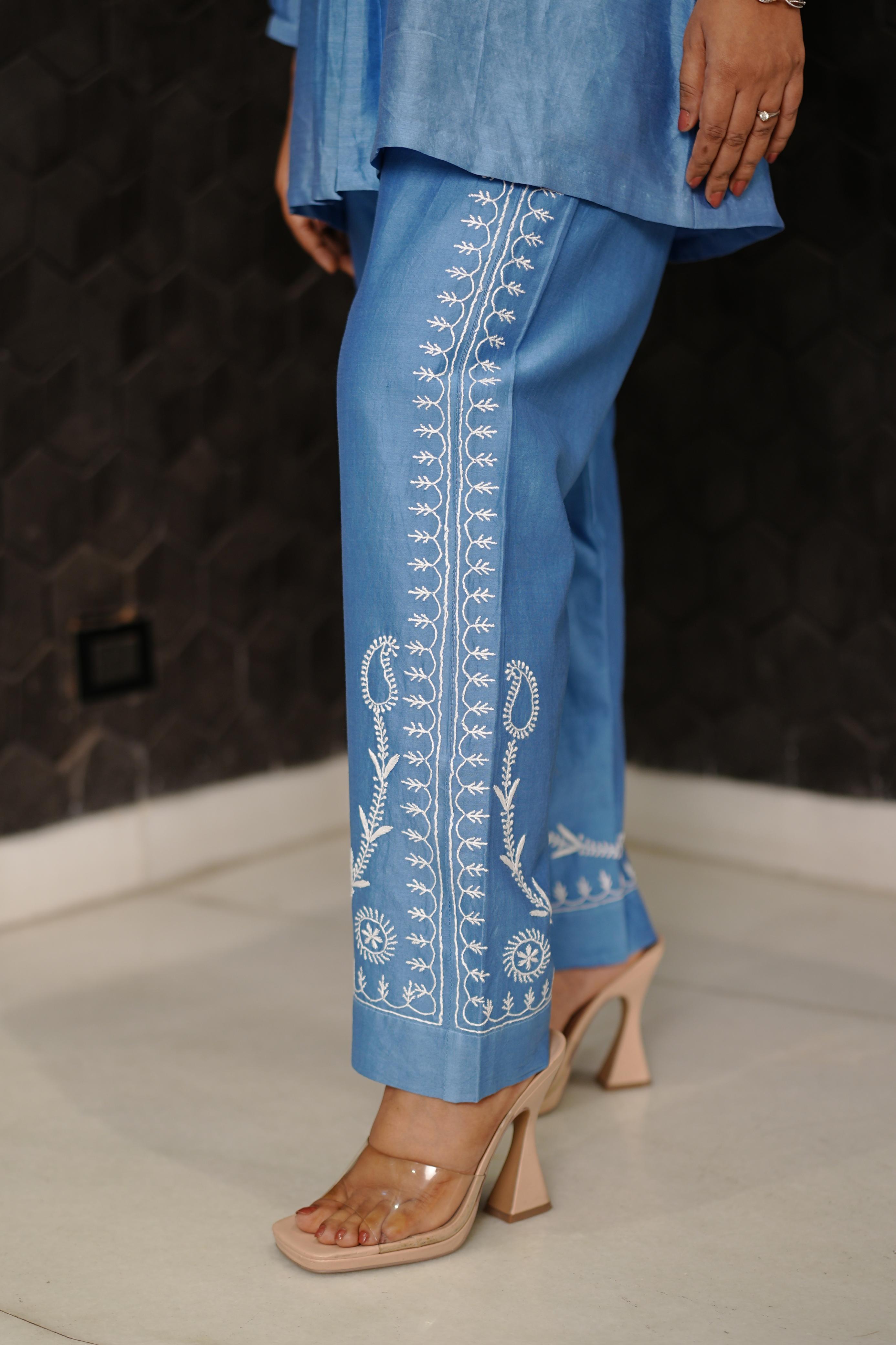 Blue Chanderi Chikankari Co-ord sets