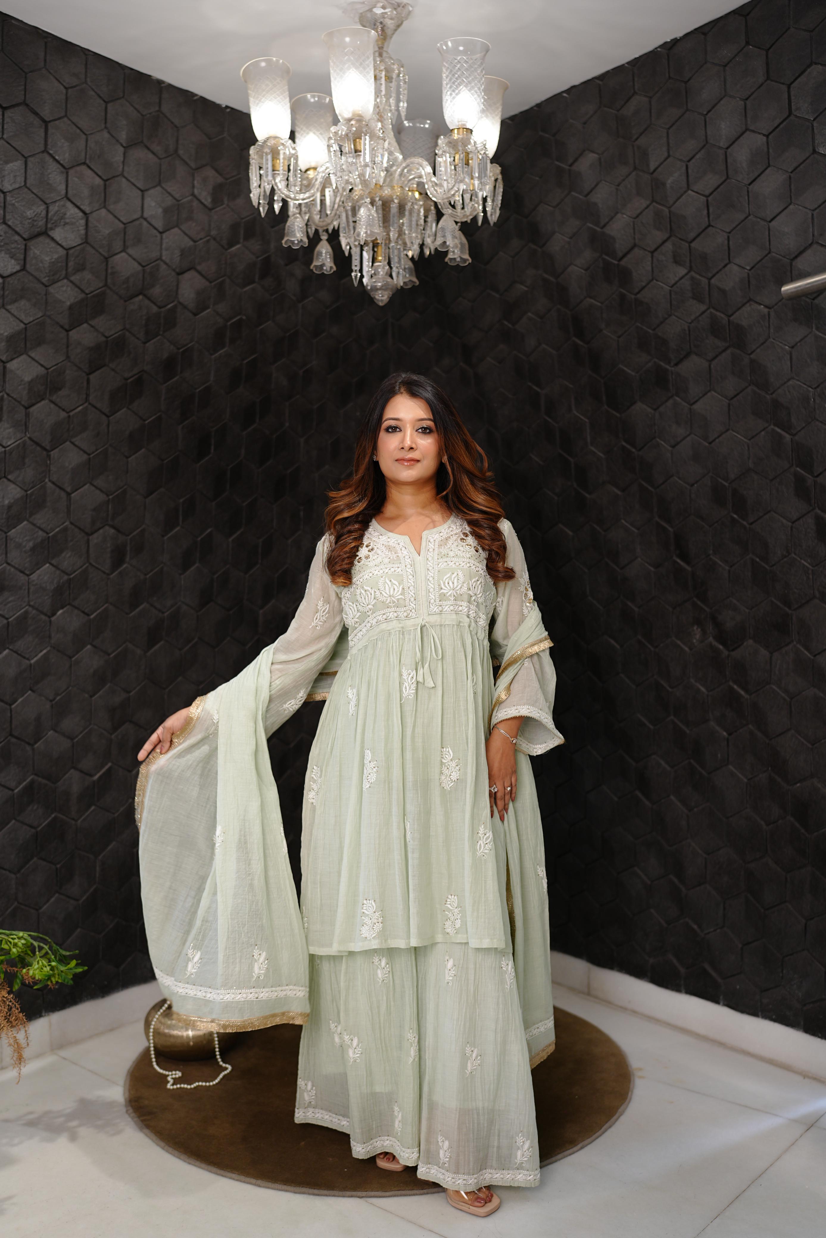 Sea Green Mul Chanderi Chikankari Sharara Set