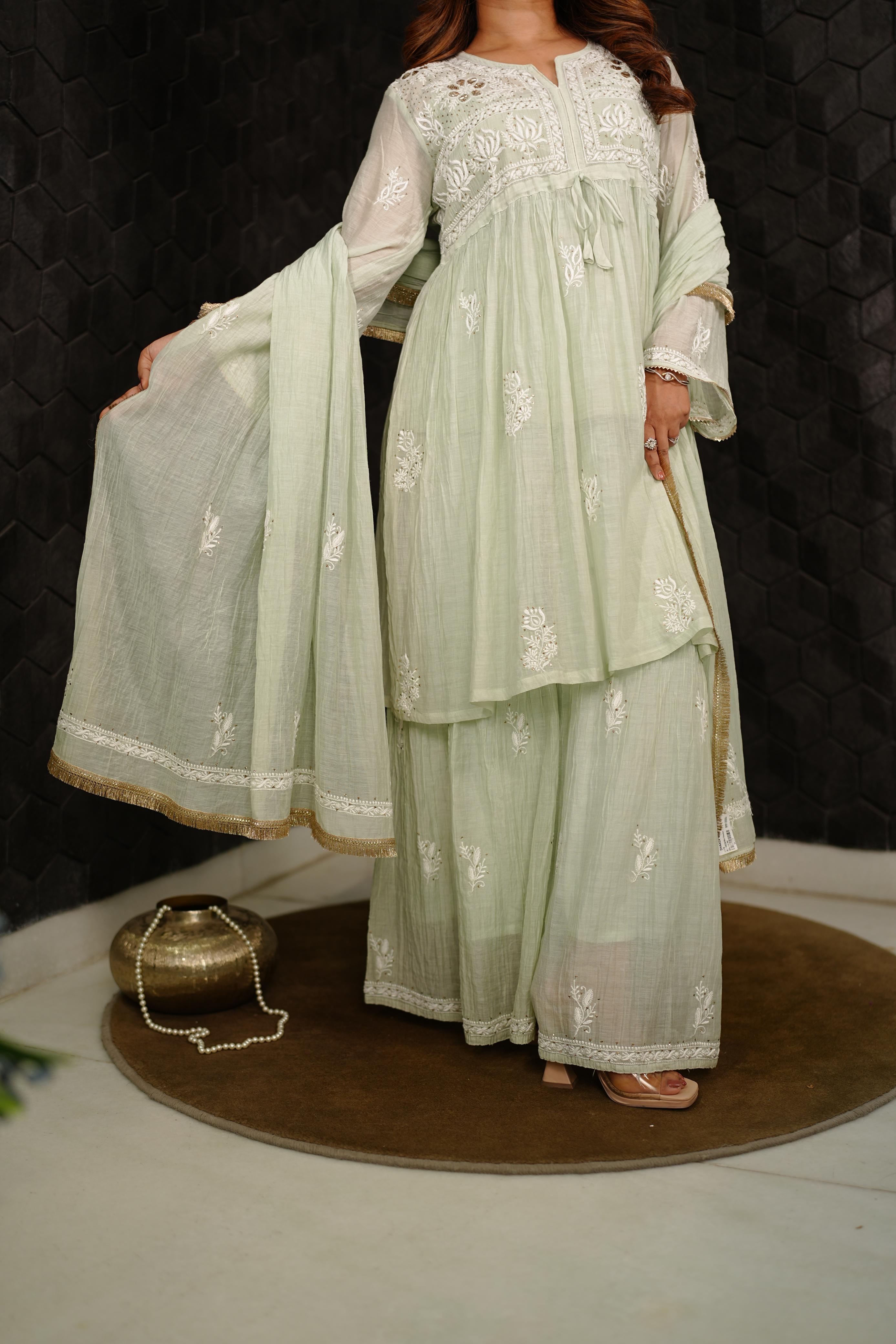 Sea Green Mul Chanderi Chikankari Sharara Set