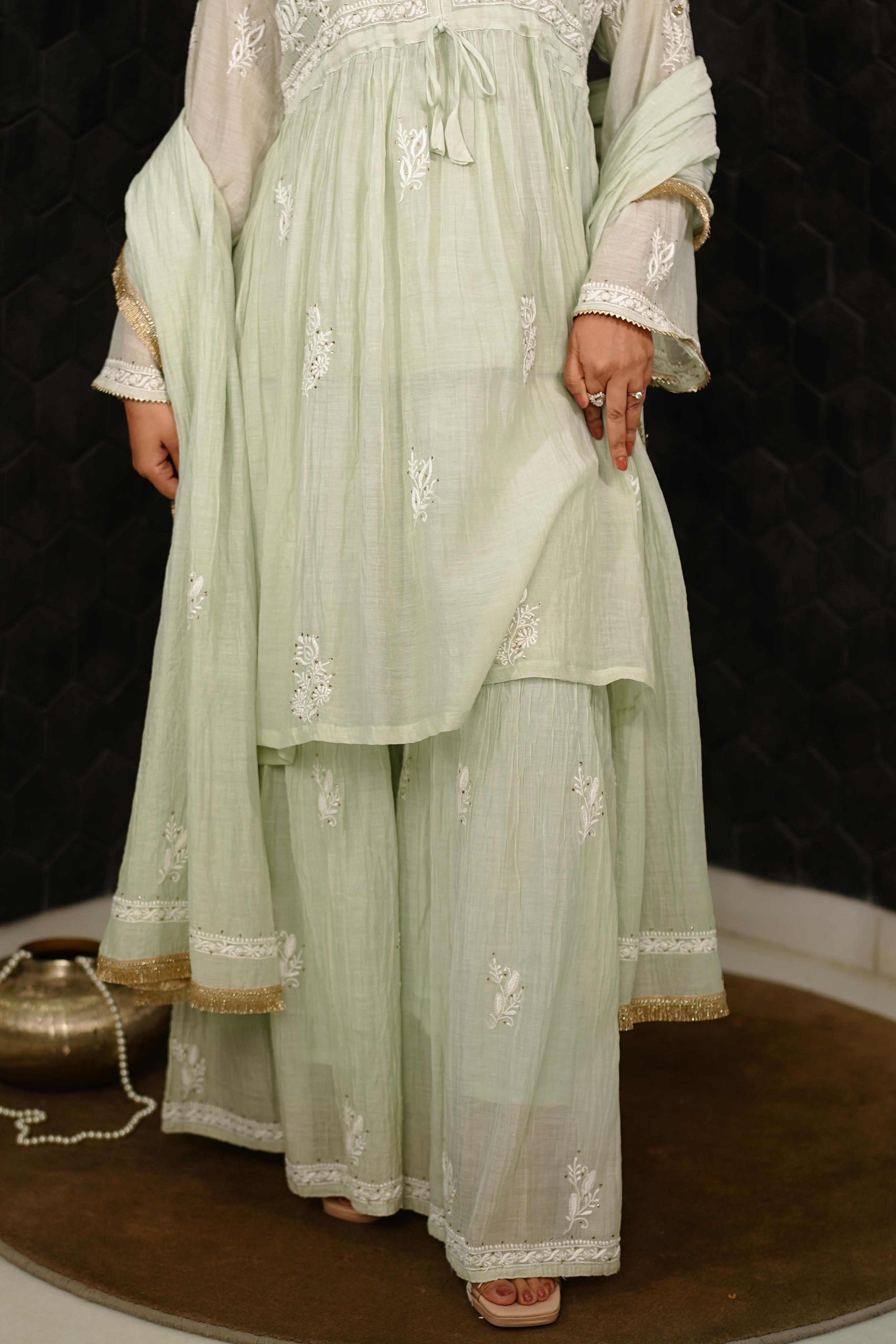 Sea Green Mul Chanderi Chikankari Sharara Set