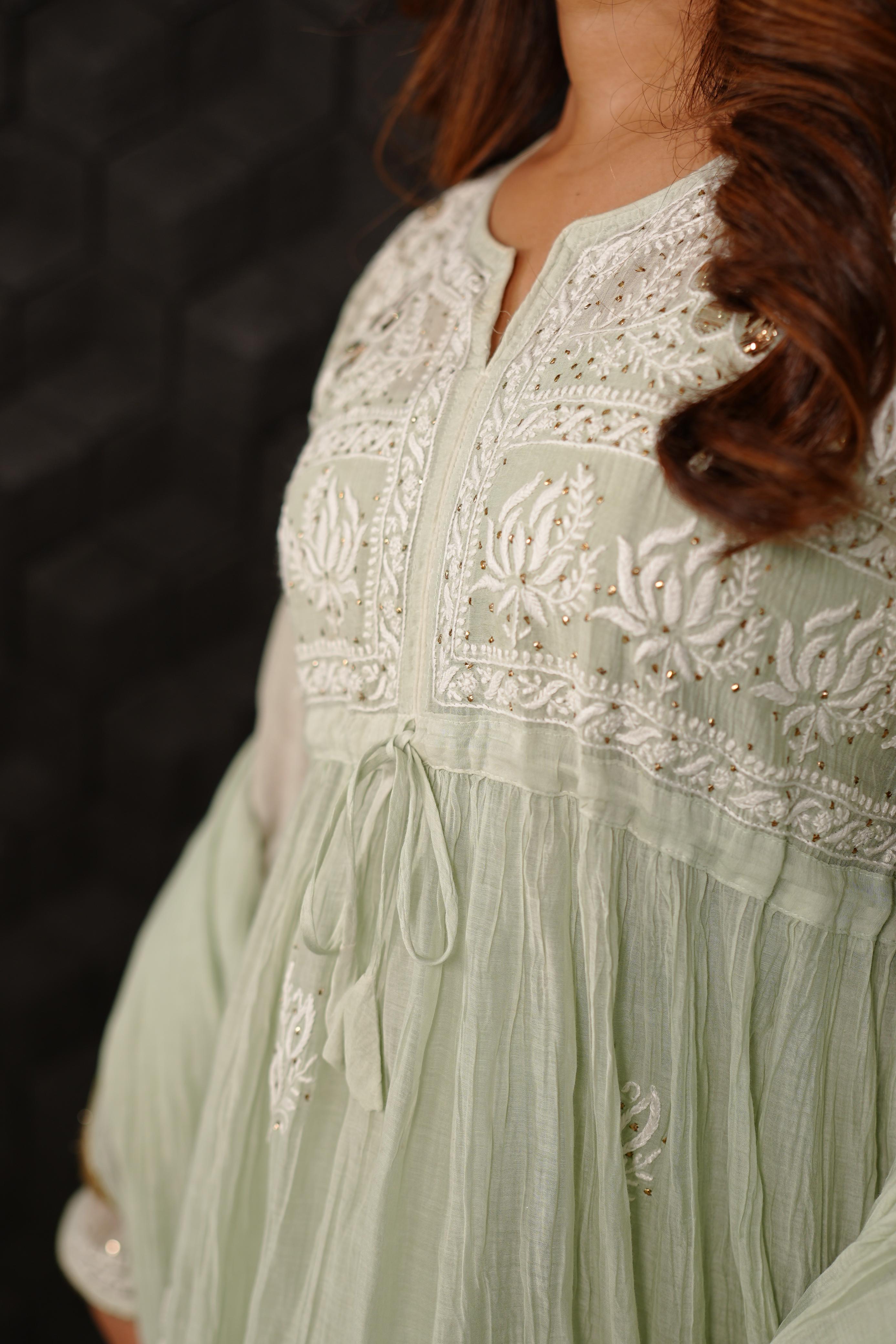 Sea Green Mul Chanderi Chikankari Sharara Set