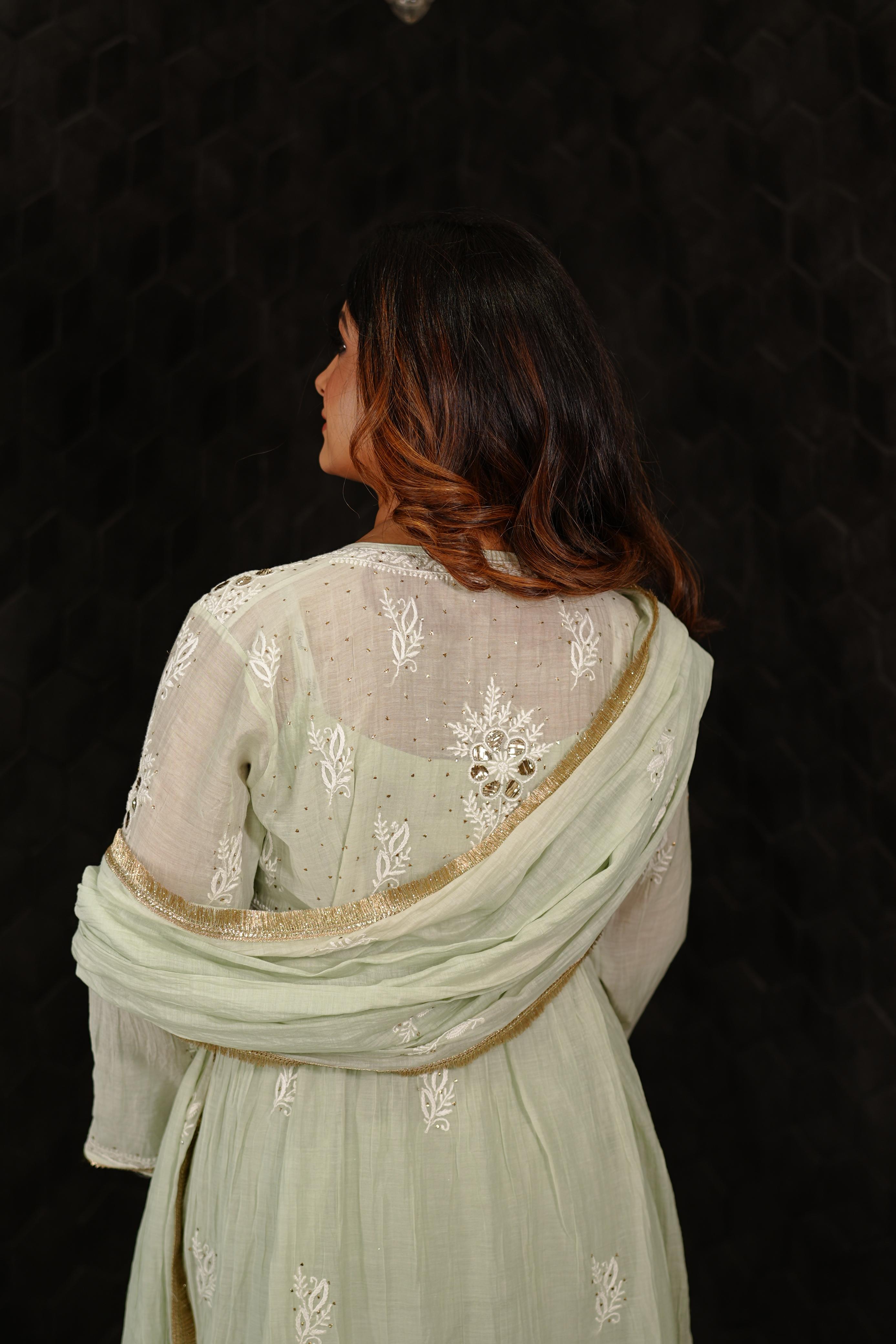 Sea Green Mul Chanderi Chikankari Sharara Set
