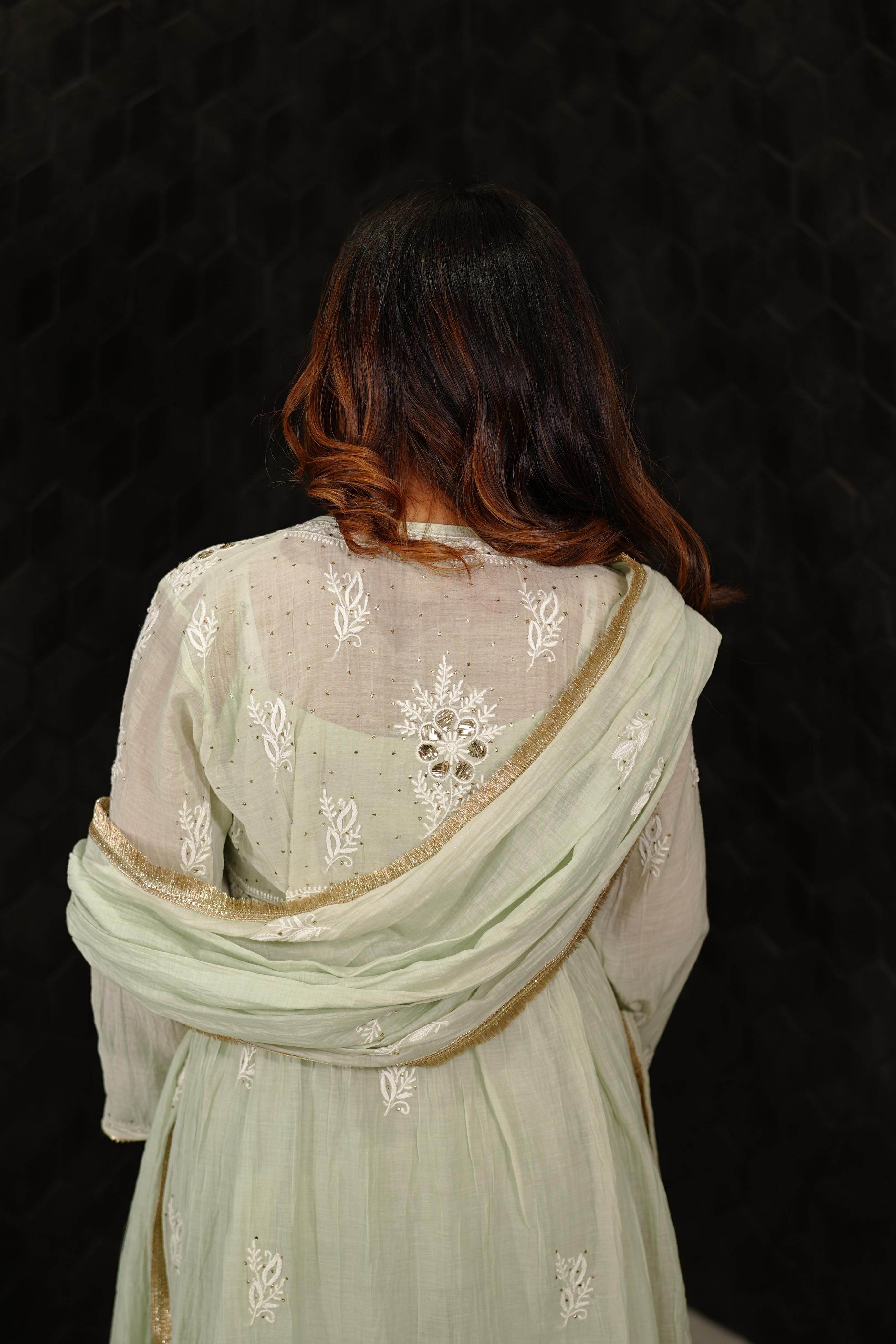 Sea Green Mul Chanderi Chikankari Sharara Set
