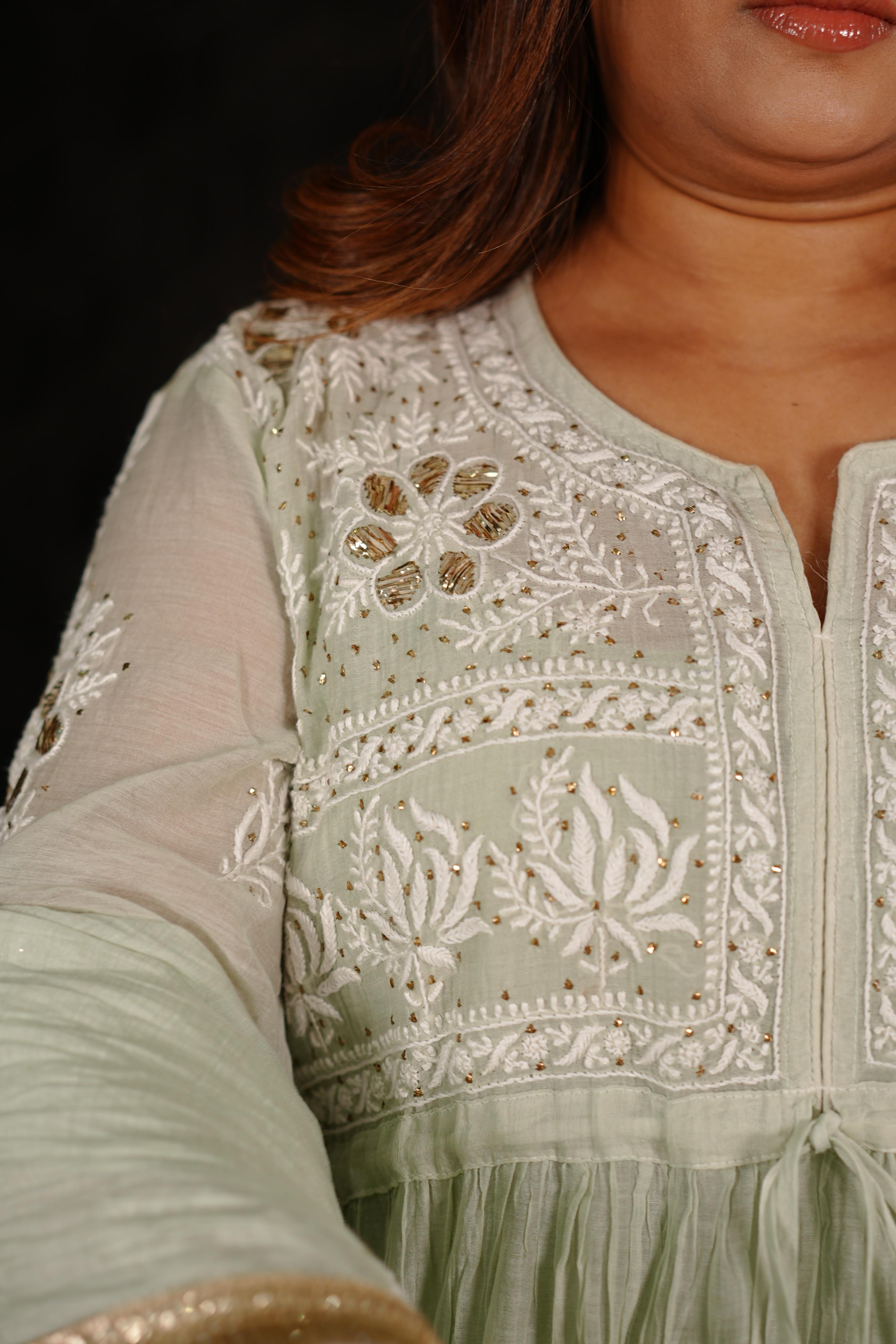 Sea Green Mul Chanderi Chikankari Sharara Set