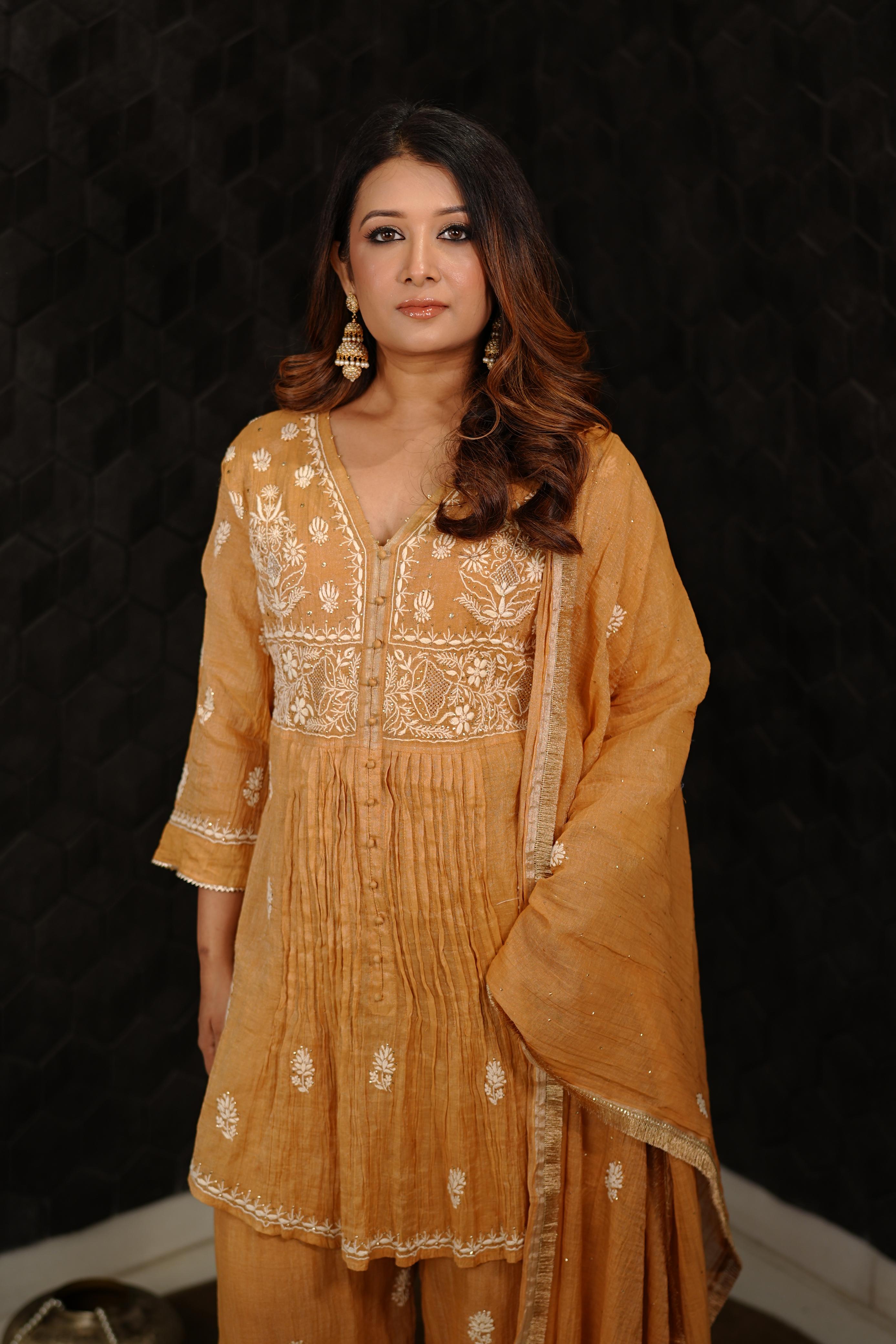 Orange Tissue Chikankari Sharara Set