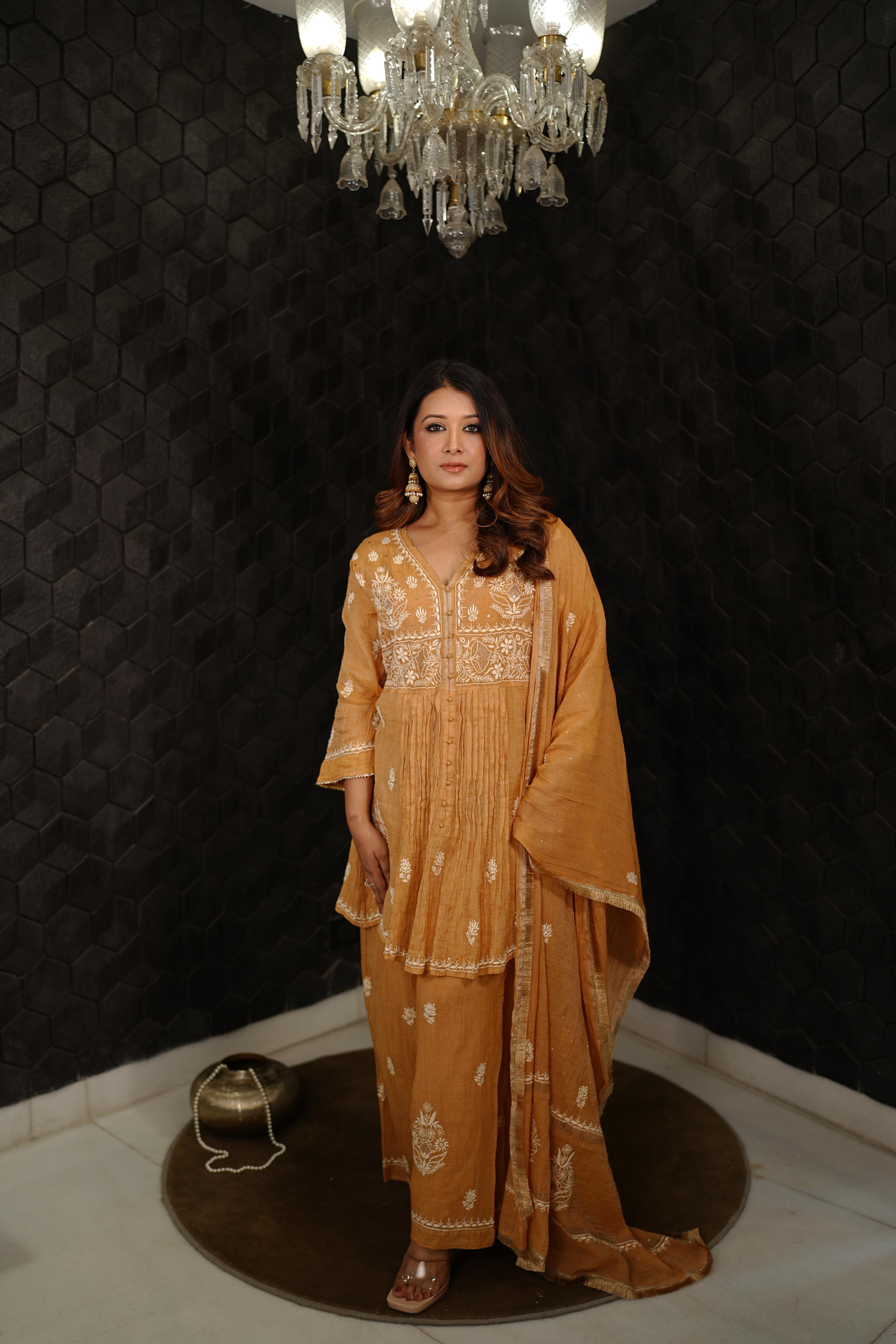 Orange Tissue Chikankari Sharara Set