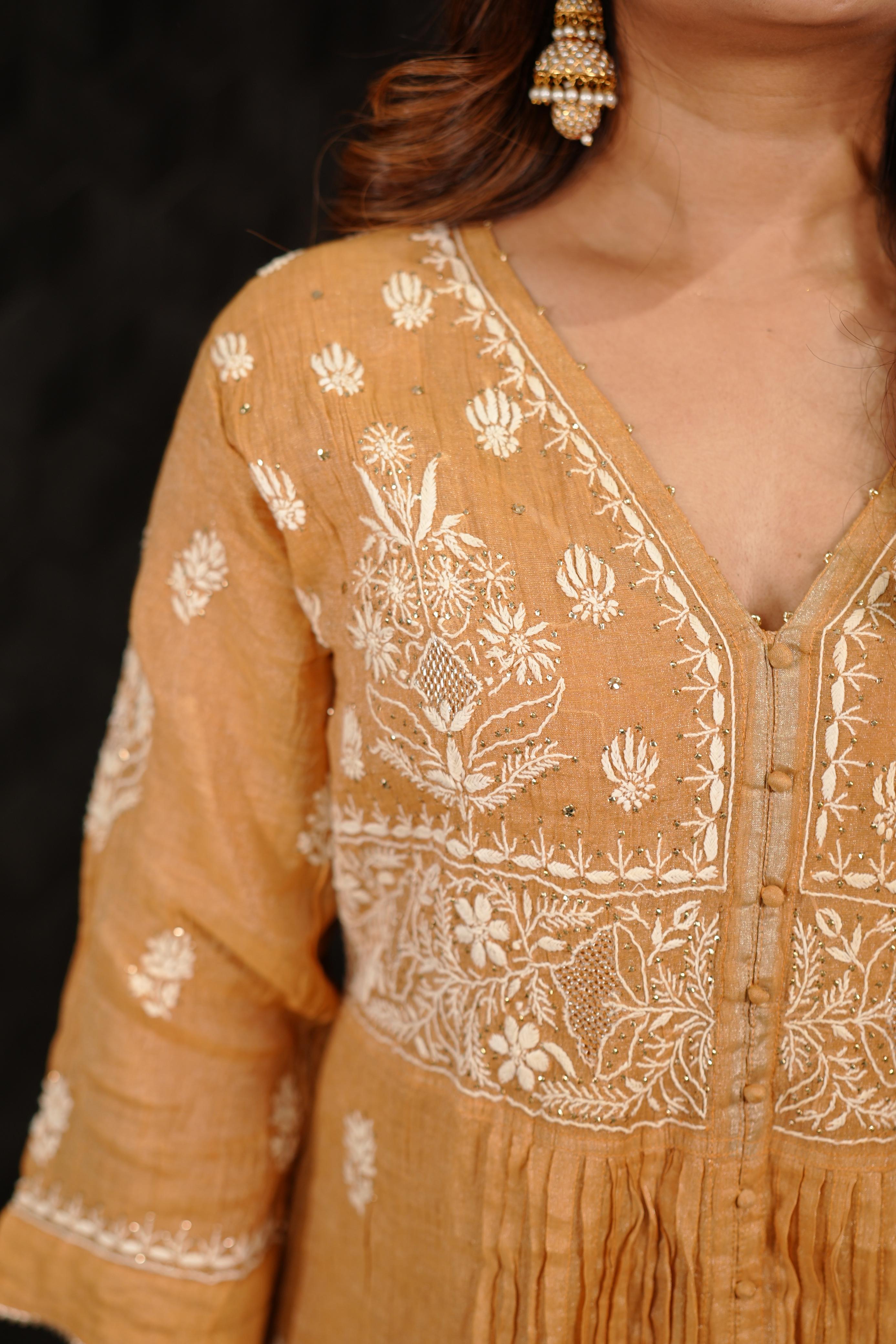 Orange Tissue Chikankari Sharara Set