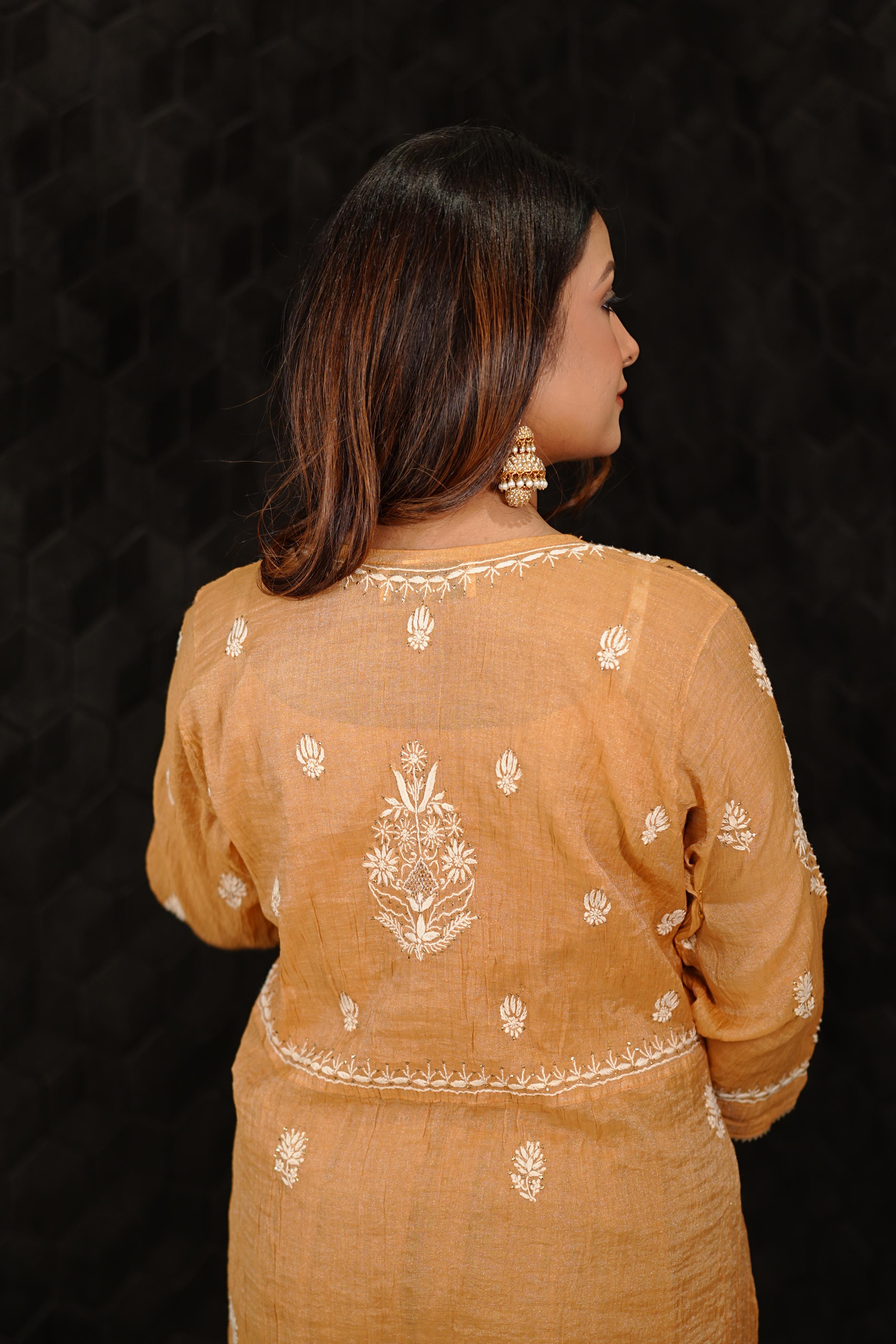 Orange Tissue Chikankari Sharara Set