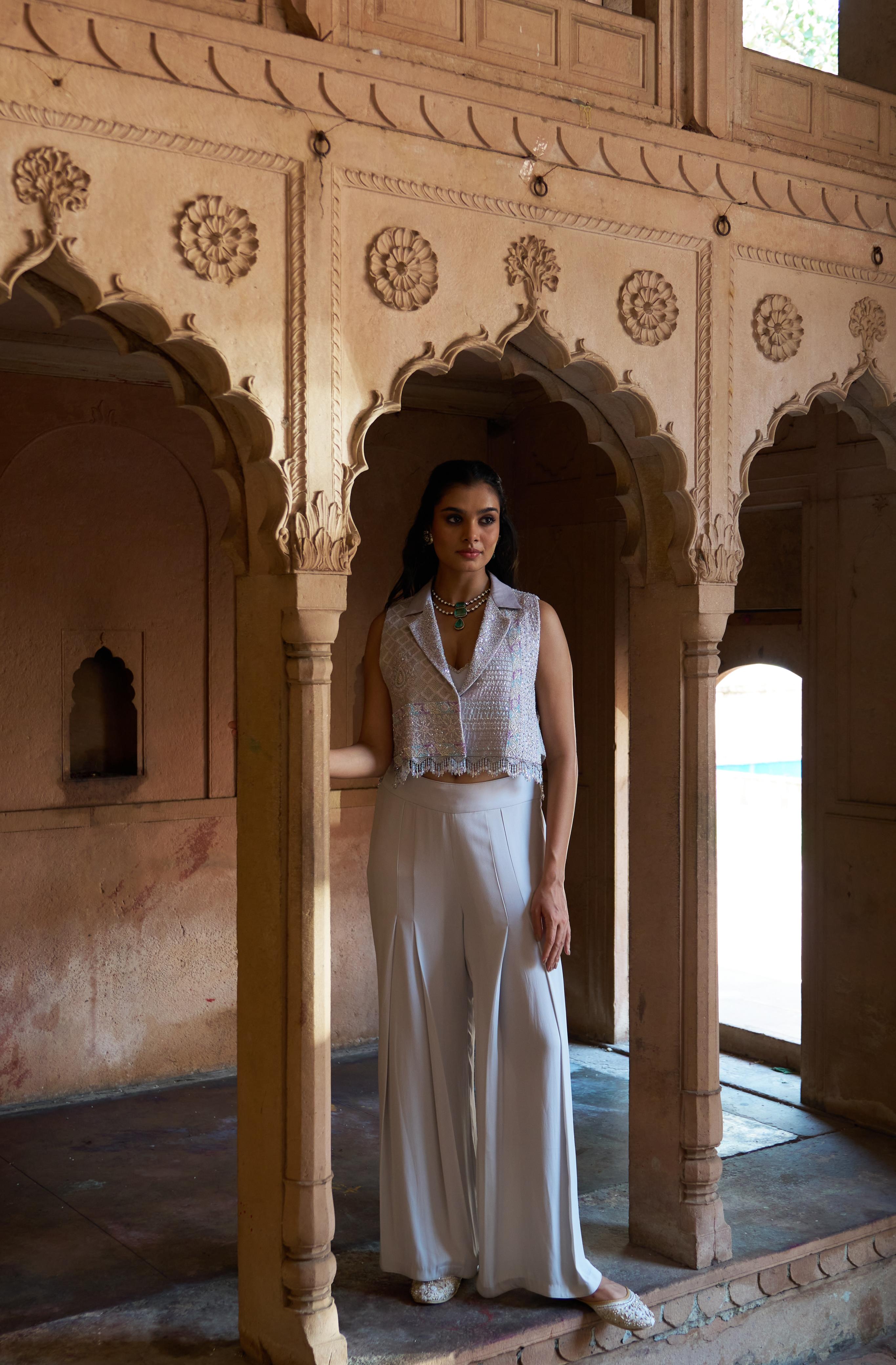 Premium Grey Chanderi Chikankari Jacket