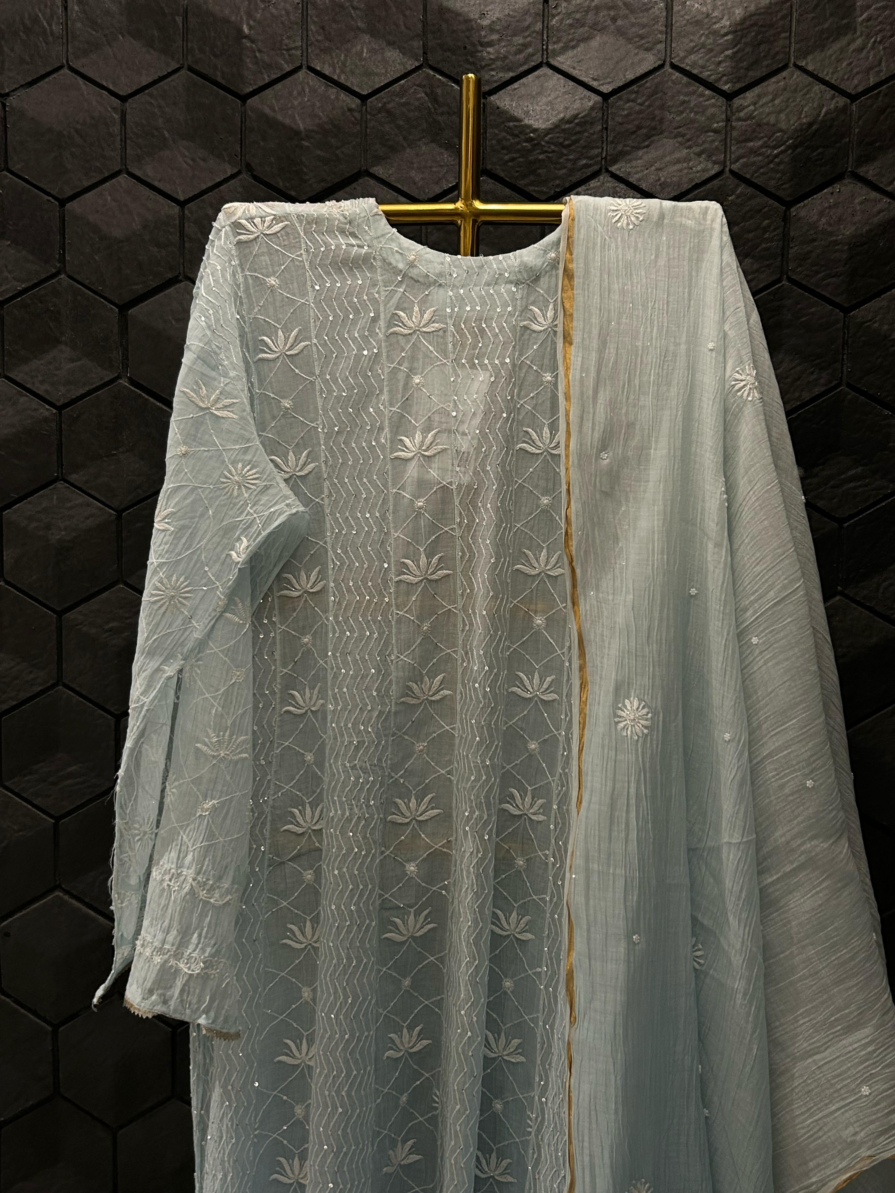 Sky Blue Mul Chanderi Chikankari Anarkali Set