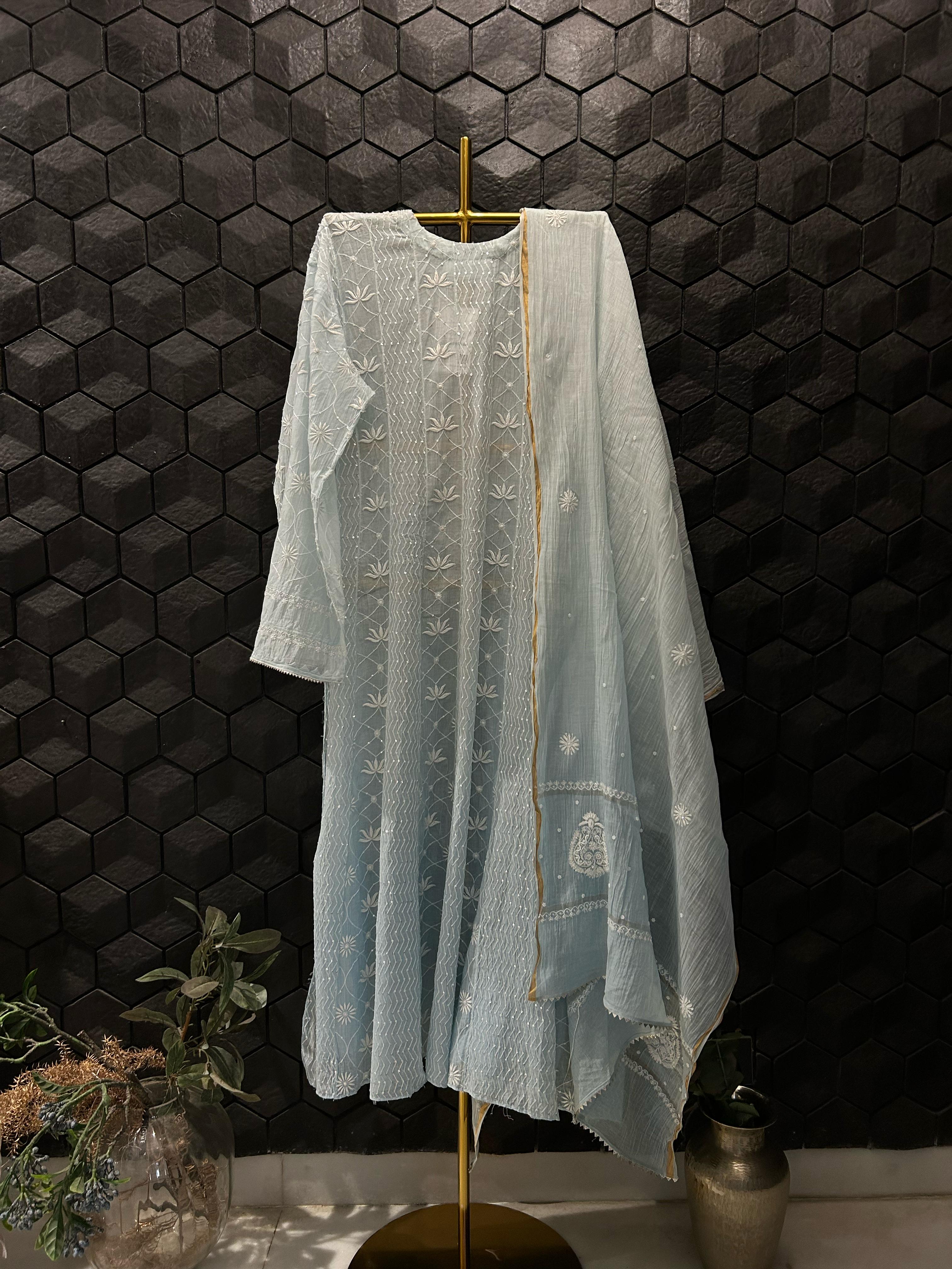 Sky Blue Mul Chanderi Chikankari Anarkali Set