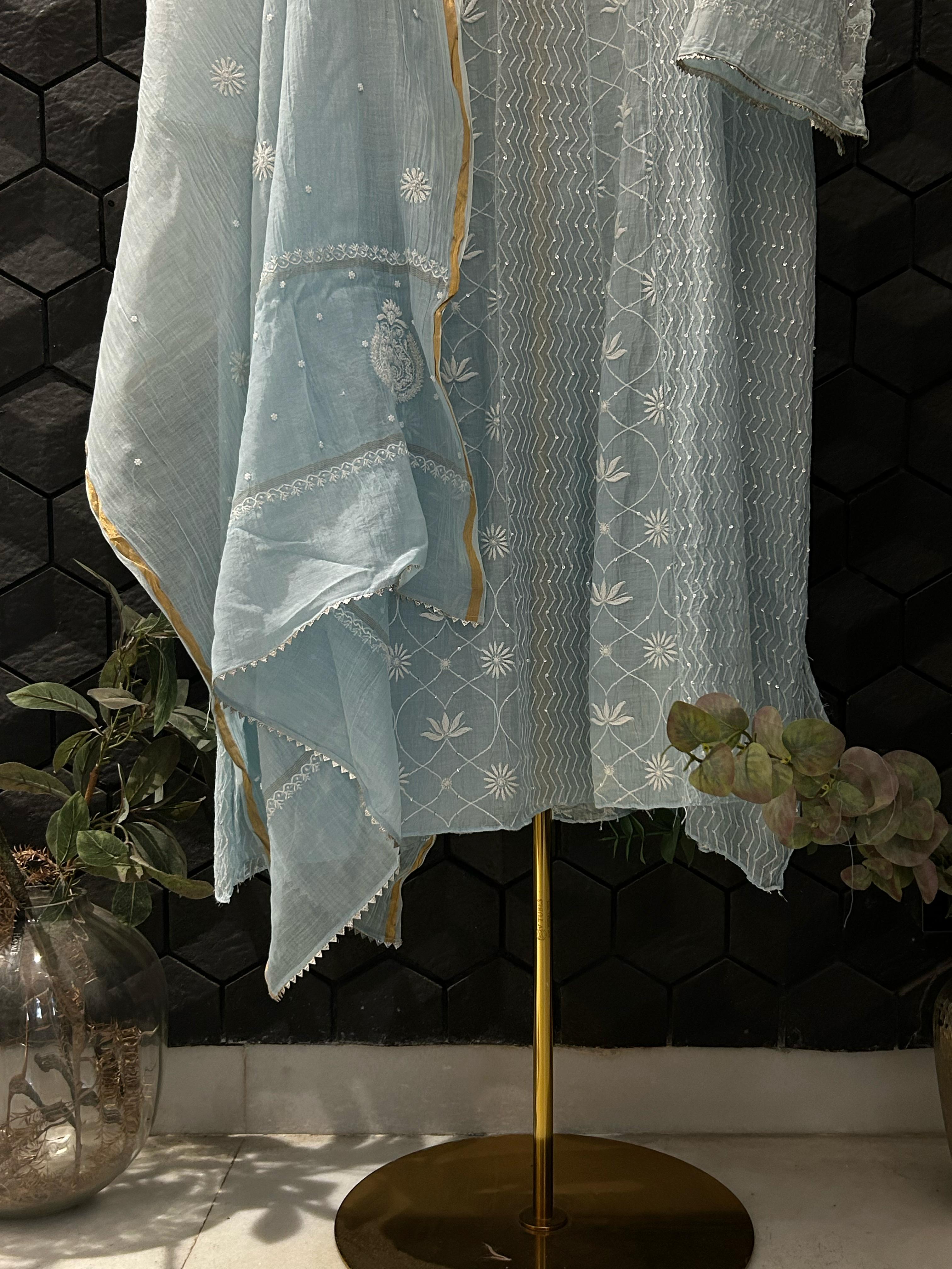 Sky Blue Mul Chanderi Chikankari Anarkali Set