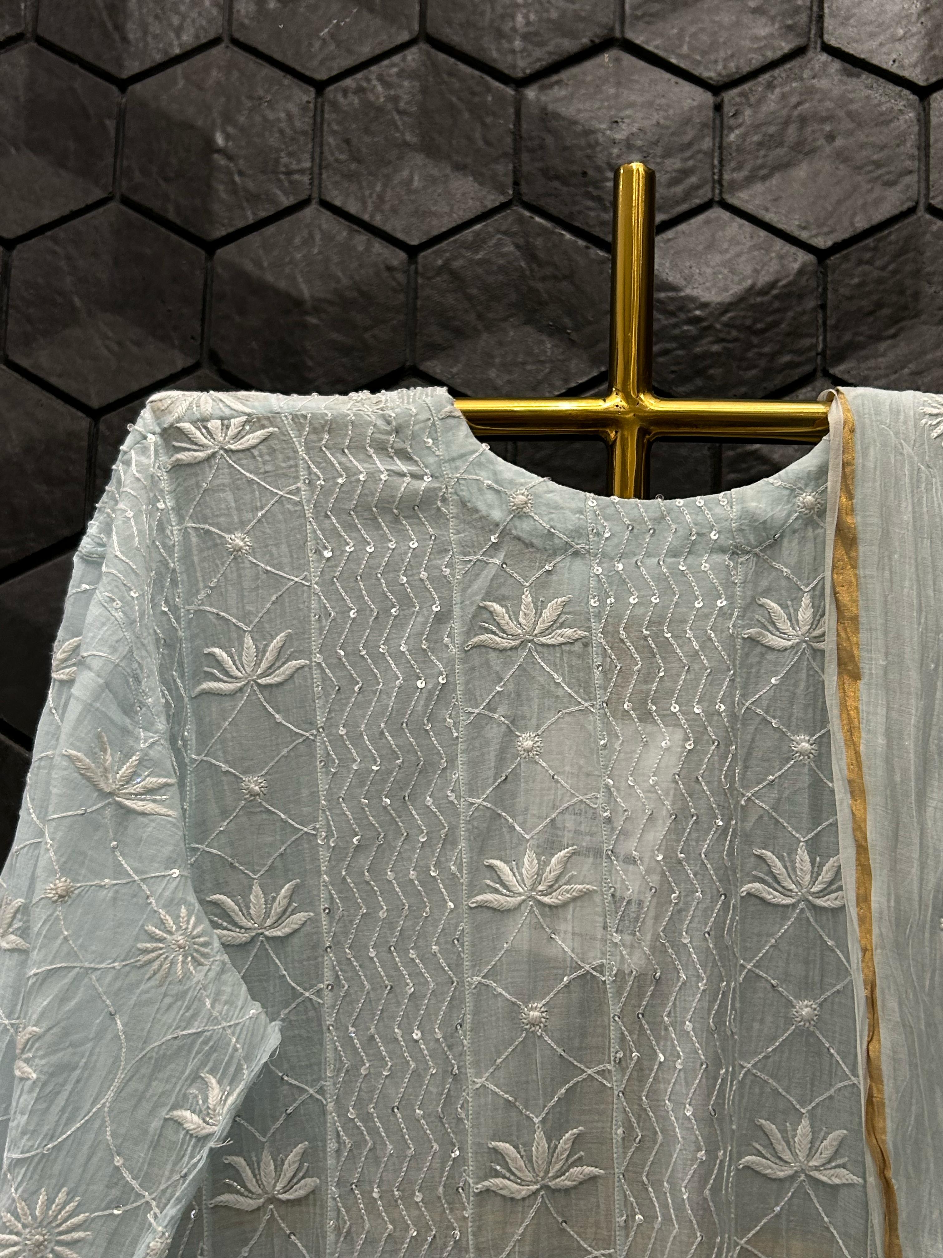 Sky Blue Mul Chanderi Chikankari Anarkali Set