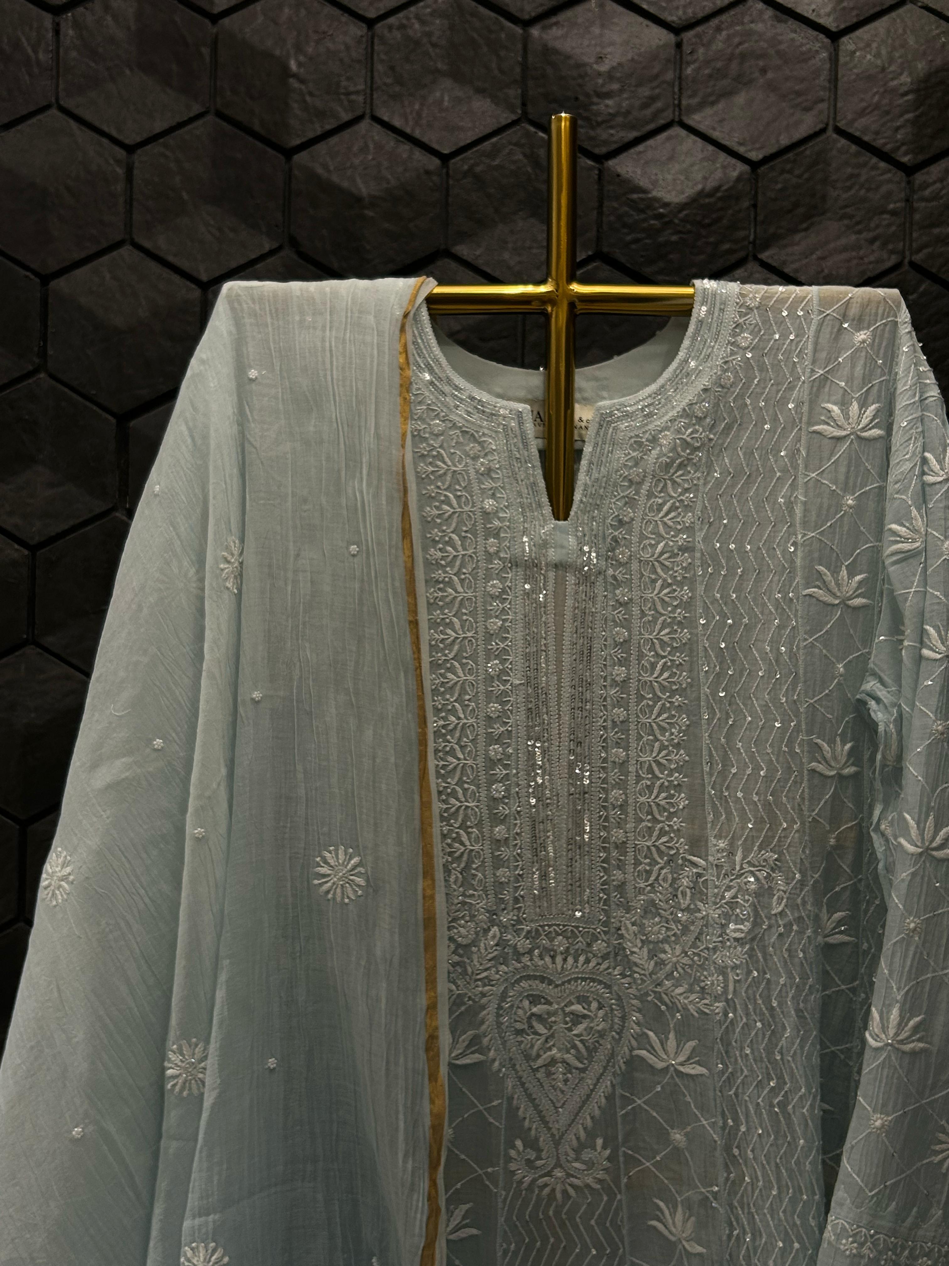 Sky Blue Mul Chanderi Chikankari Anarkali Set