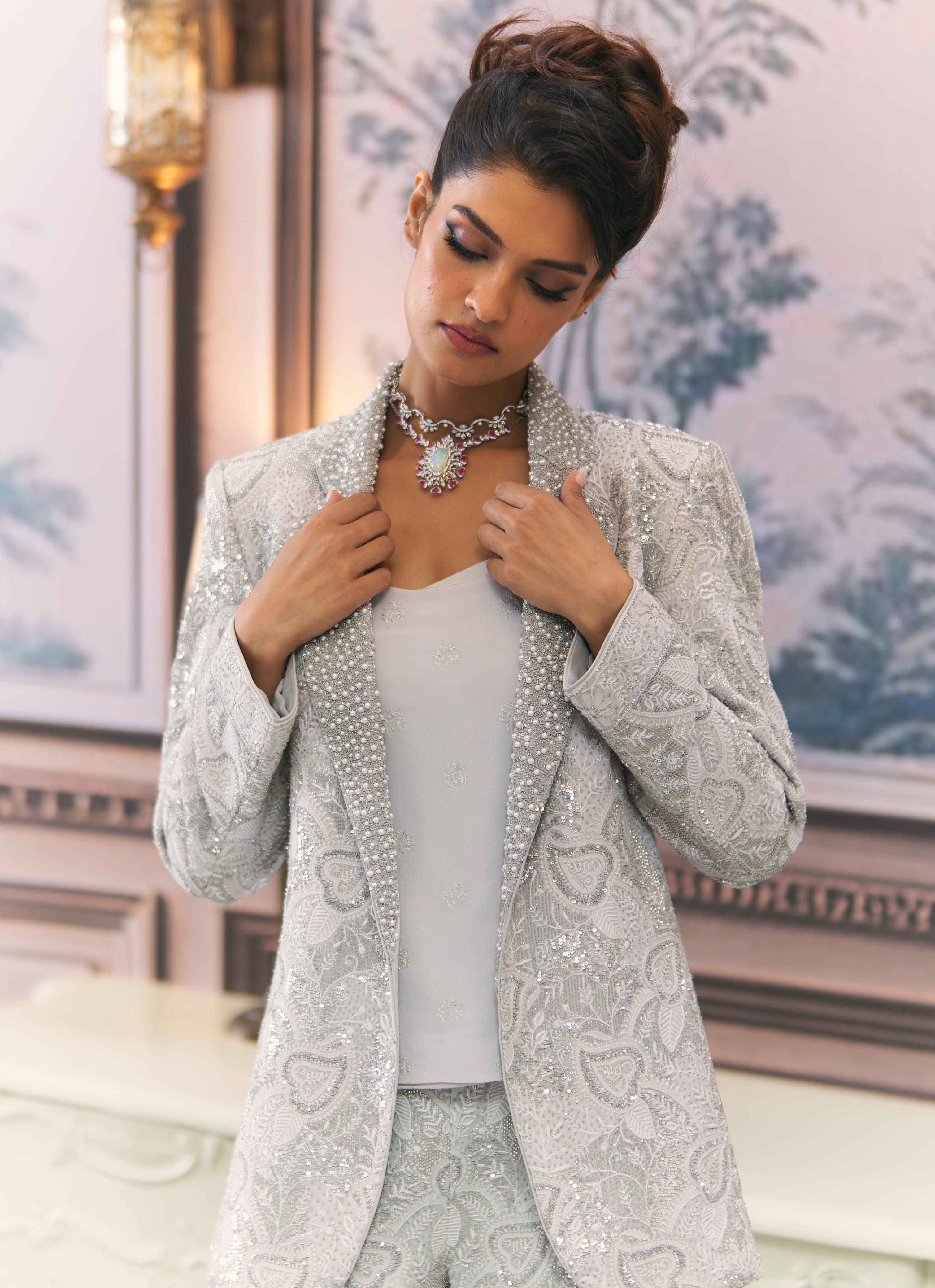 Silver Chikankari Pant Suit Blazer Set