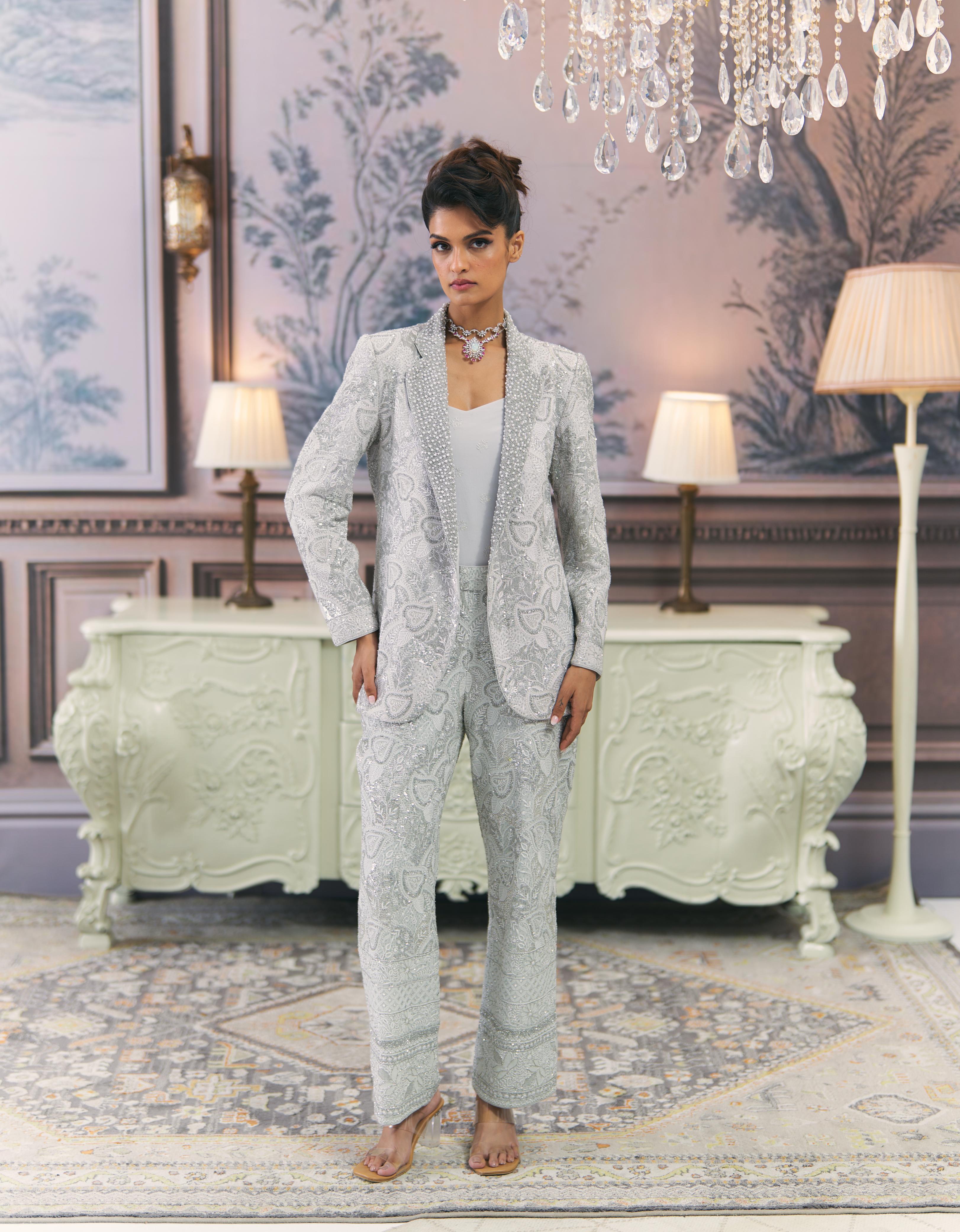 Silver Chikankari Pant Suit Blazer Set