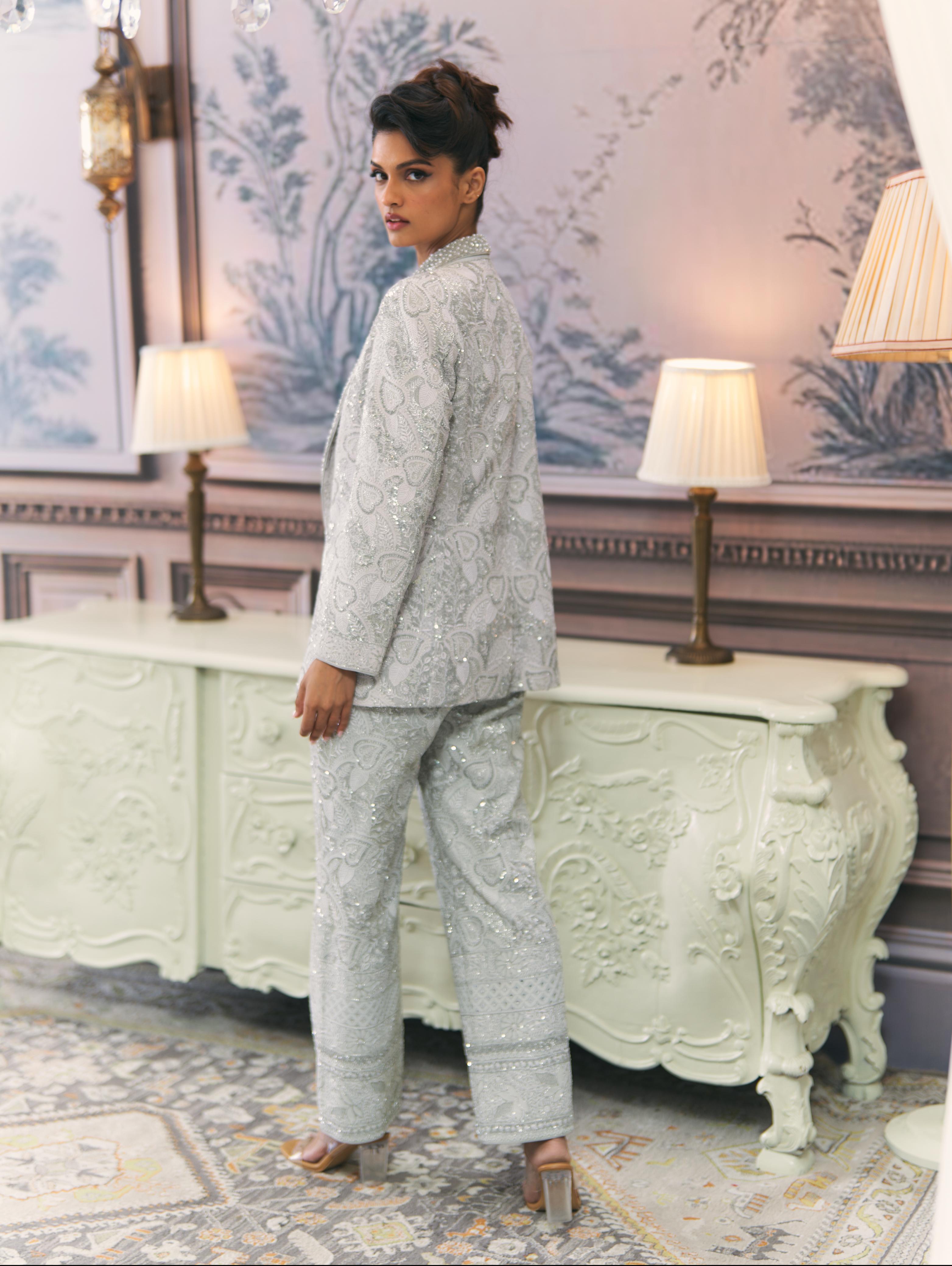 Silver Chikankari Pant Suit Blazer Set