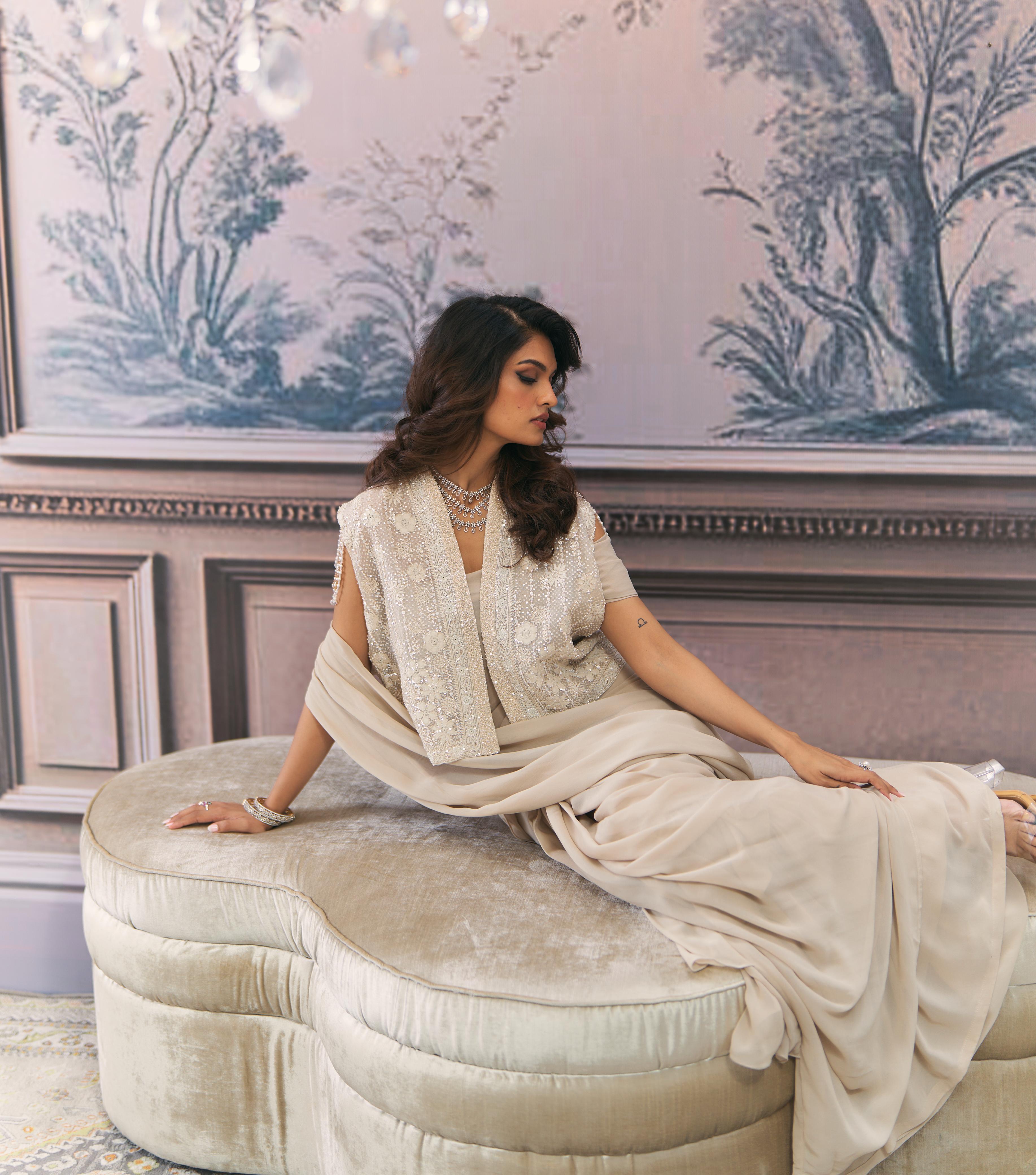 Pre-Draped Saree & Chikankari Jacket Set
