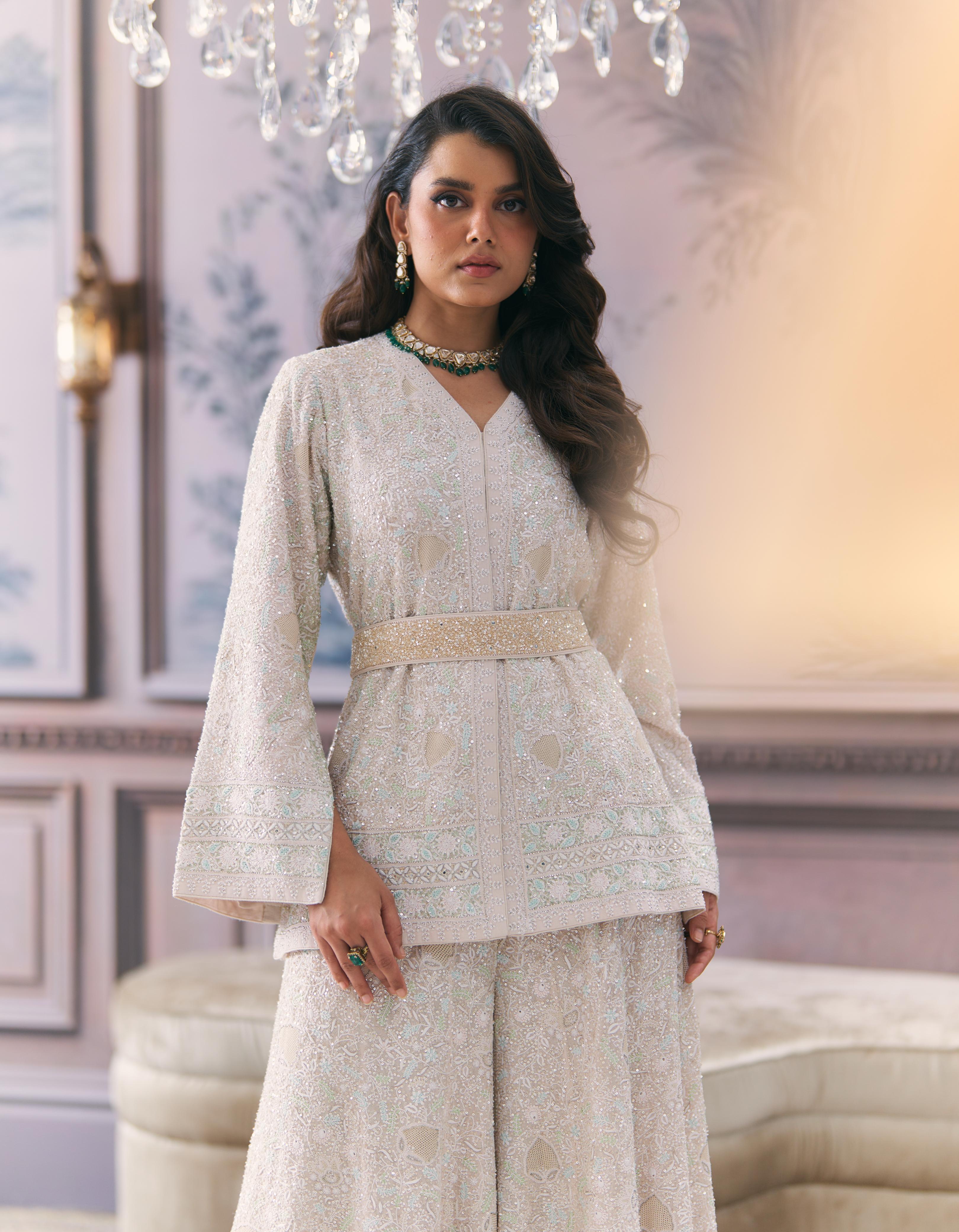 Ivory Chikankari Jacket and Sharara Set