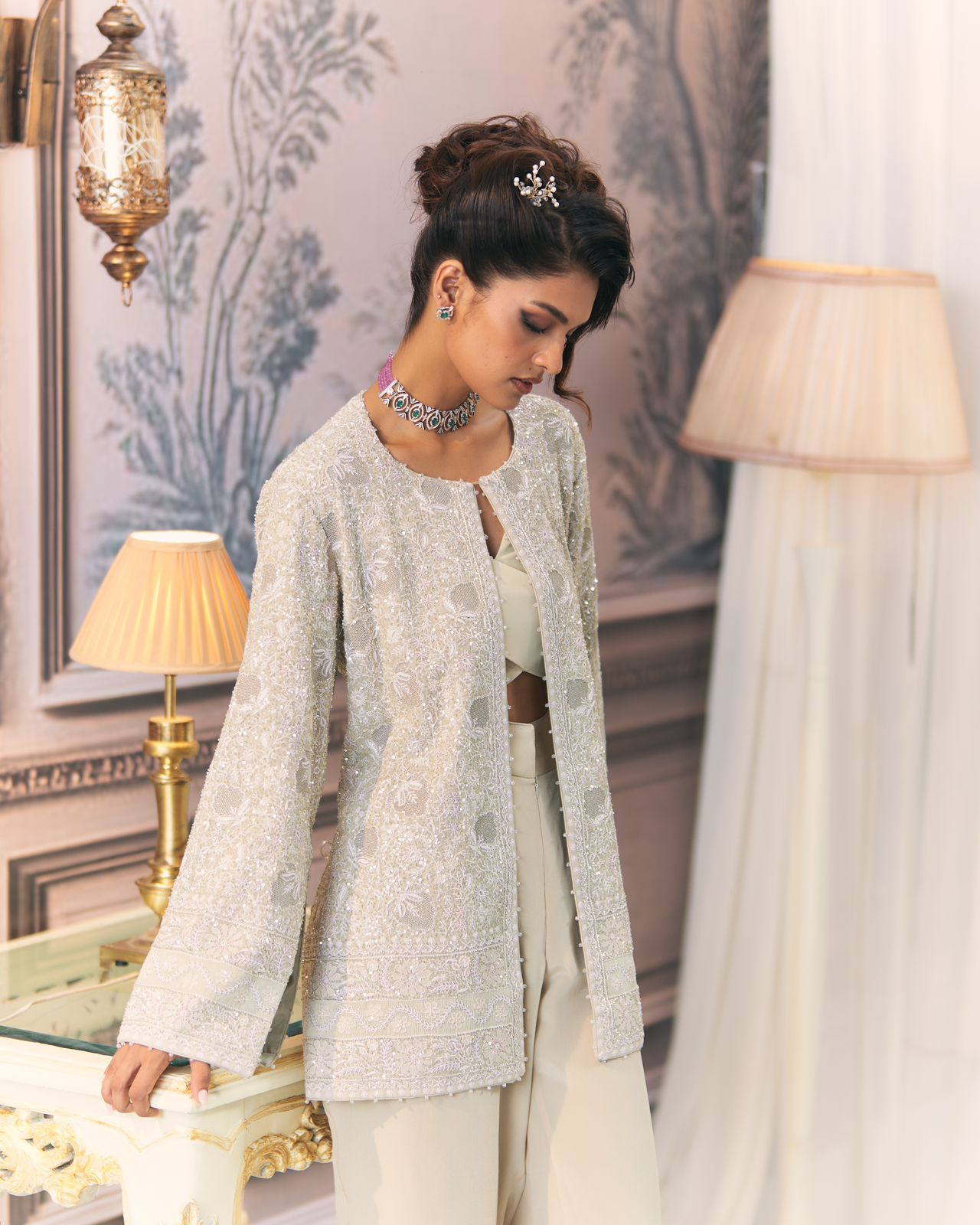 Sage green Georgette Chikankari Gilet Co-ord sets