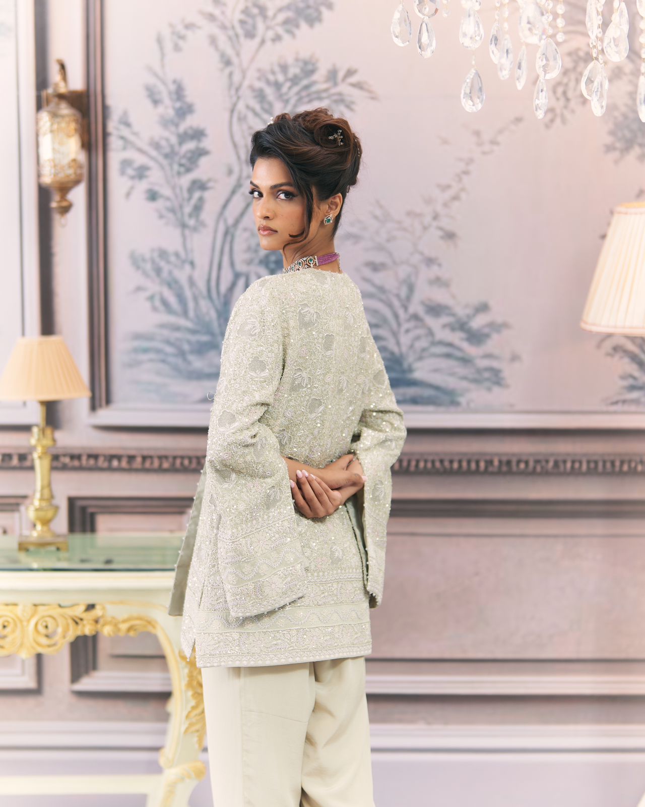 Sage green Georgette Chikankari Gilet Co-ord sets