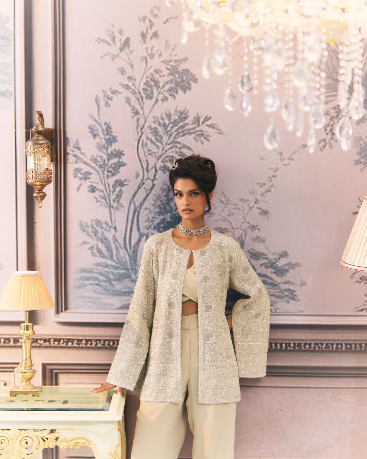 Sage green Georgette Chikankari Gilet Co-ord sets
