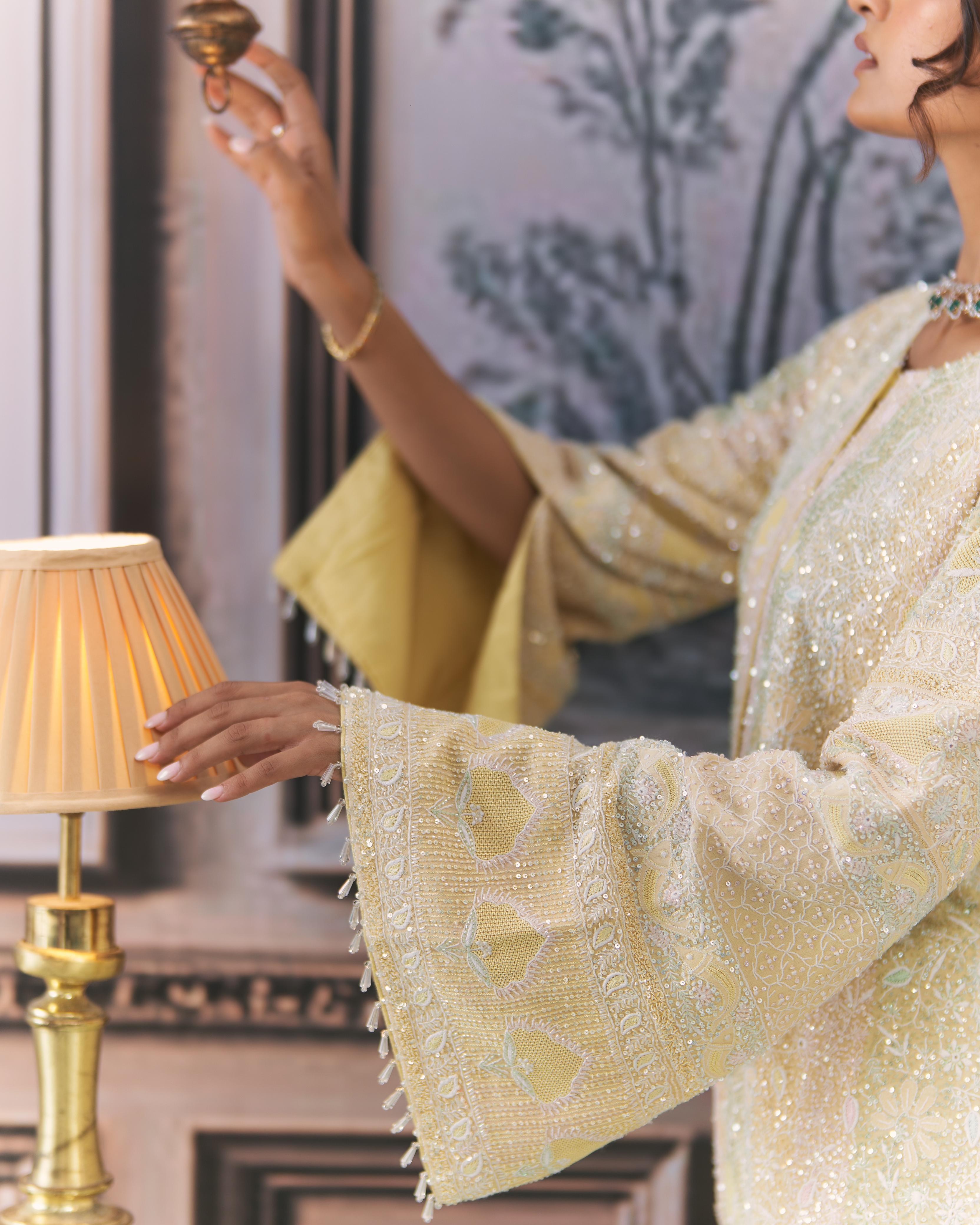 Yellow Contemporary Chikankari Gilet Co-ord sets