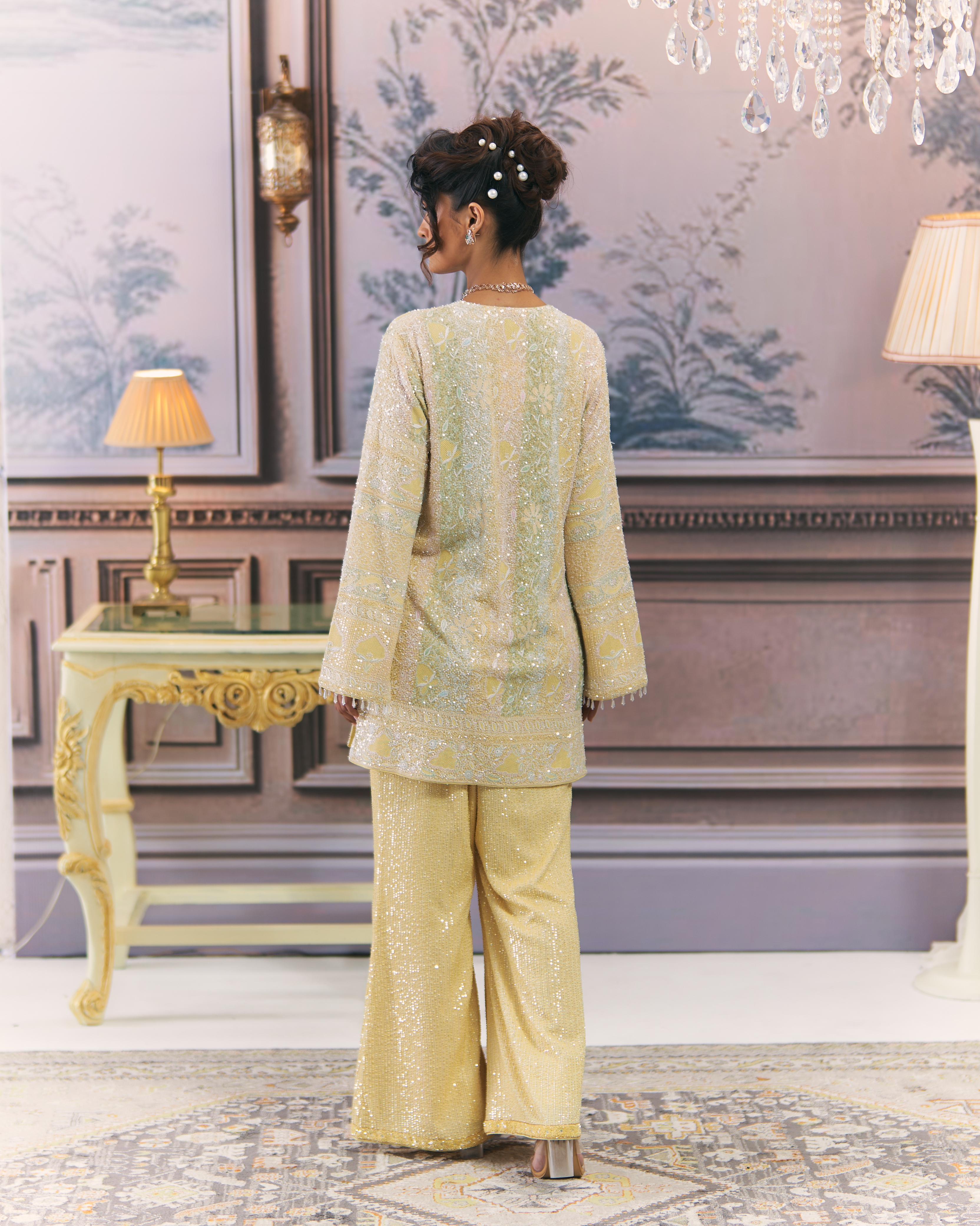 Yellow Contemporary Chikankari Gilet Co-ord sets