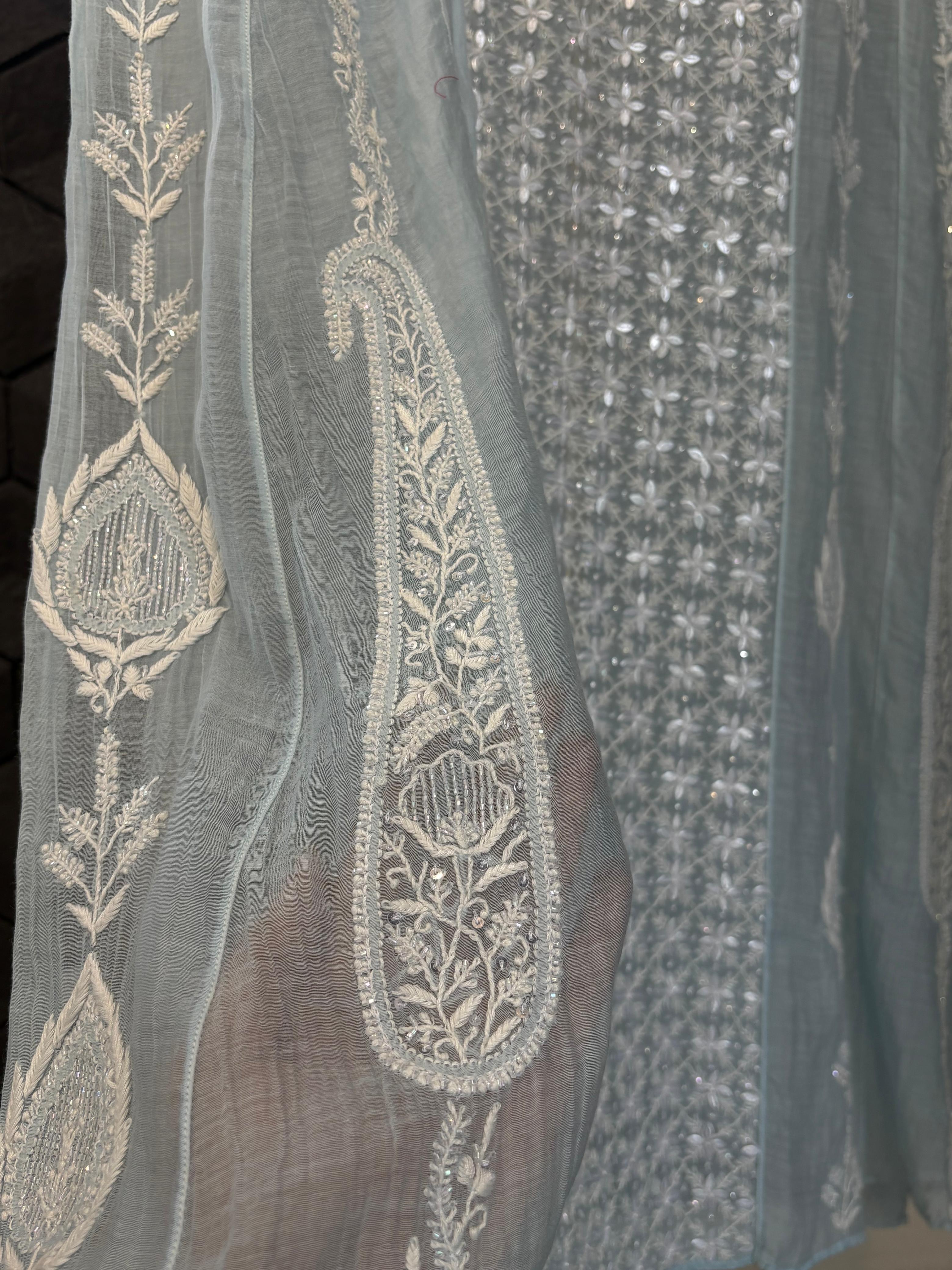 Sky Blue Mul Chanderi Anarkali