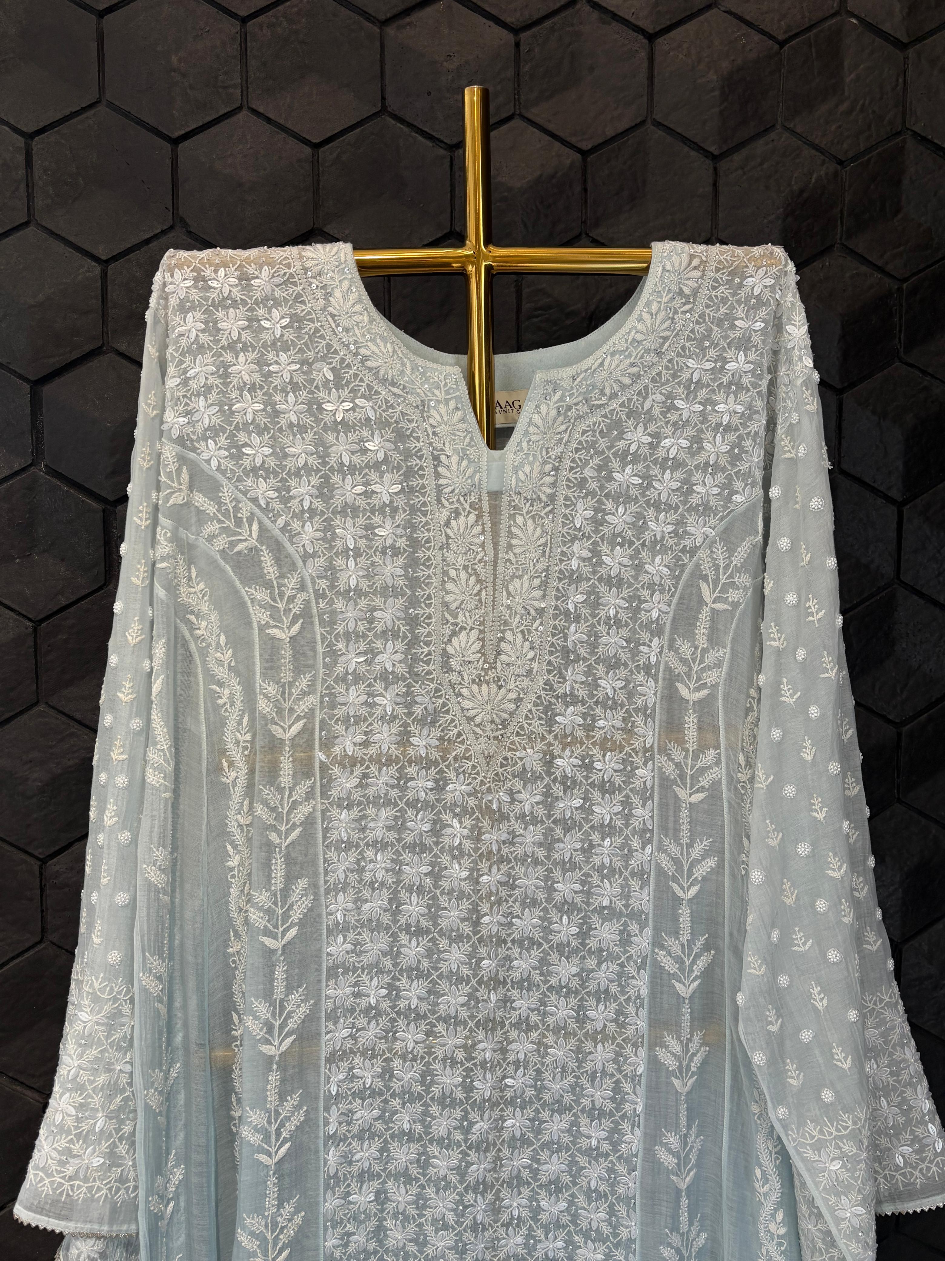 Sky Blue Mul Chanderi Anarkali