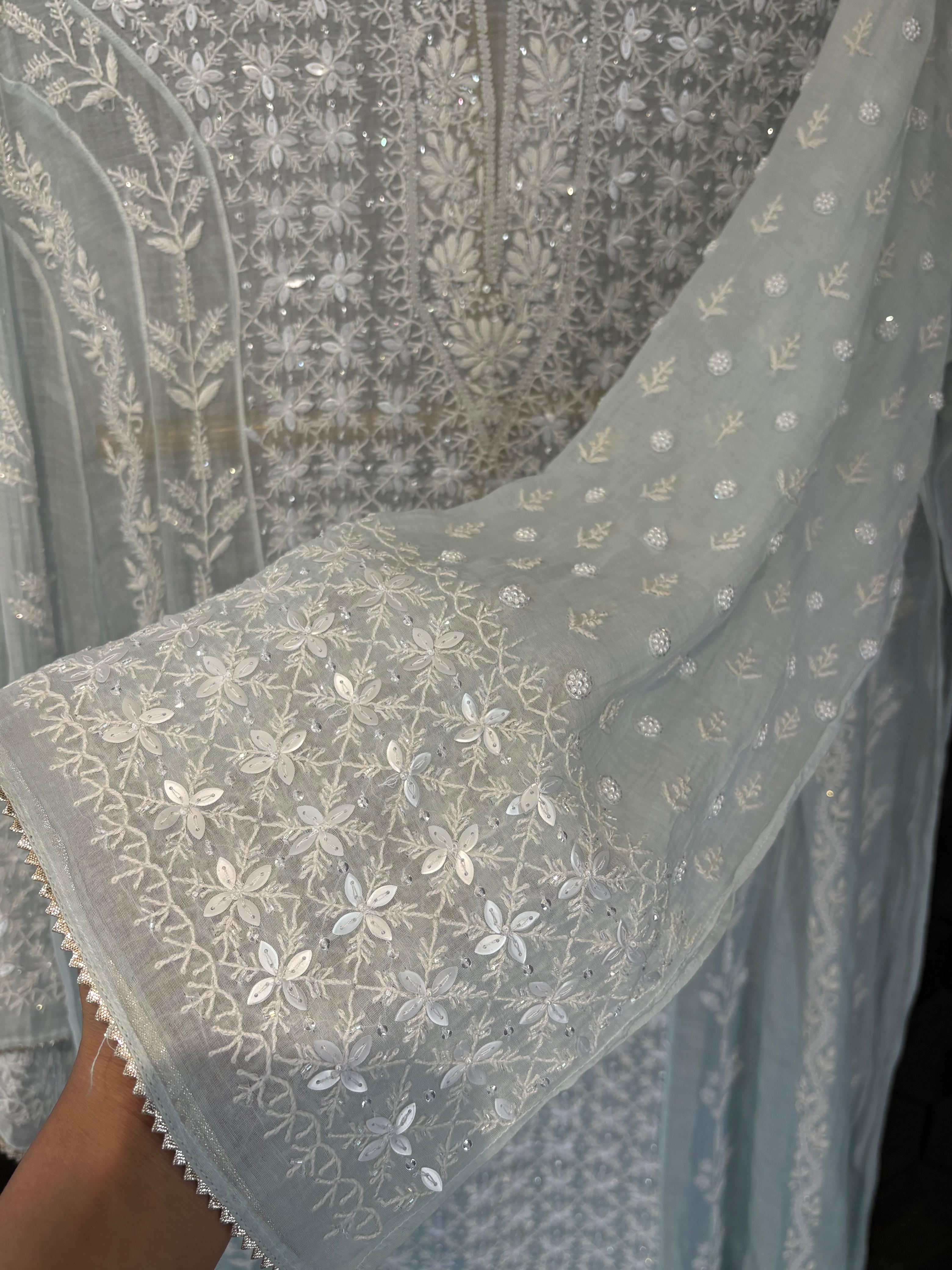 Sky Blue Mul Chanderi Anarkali