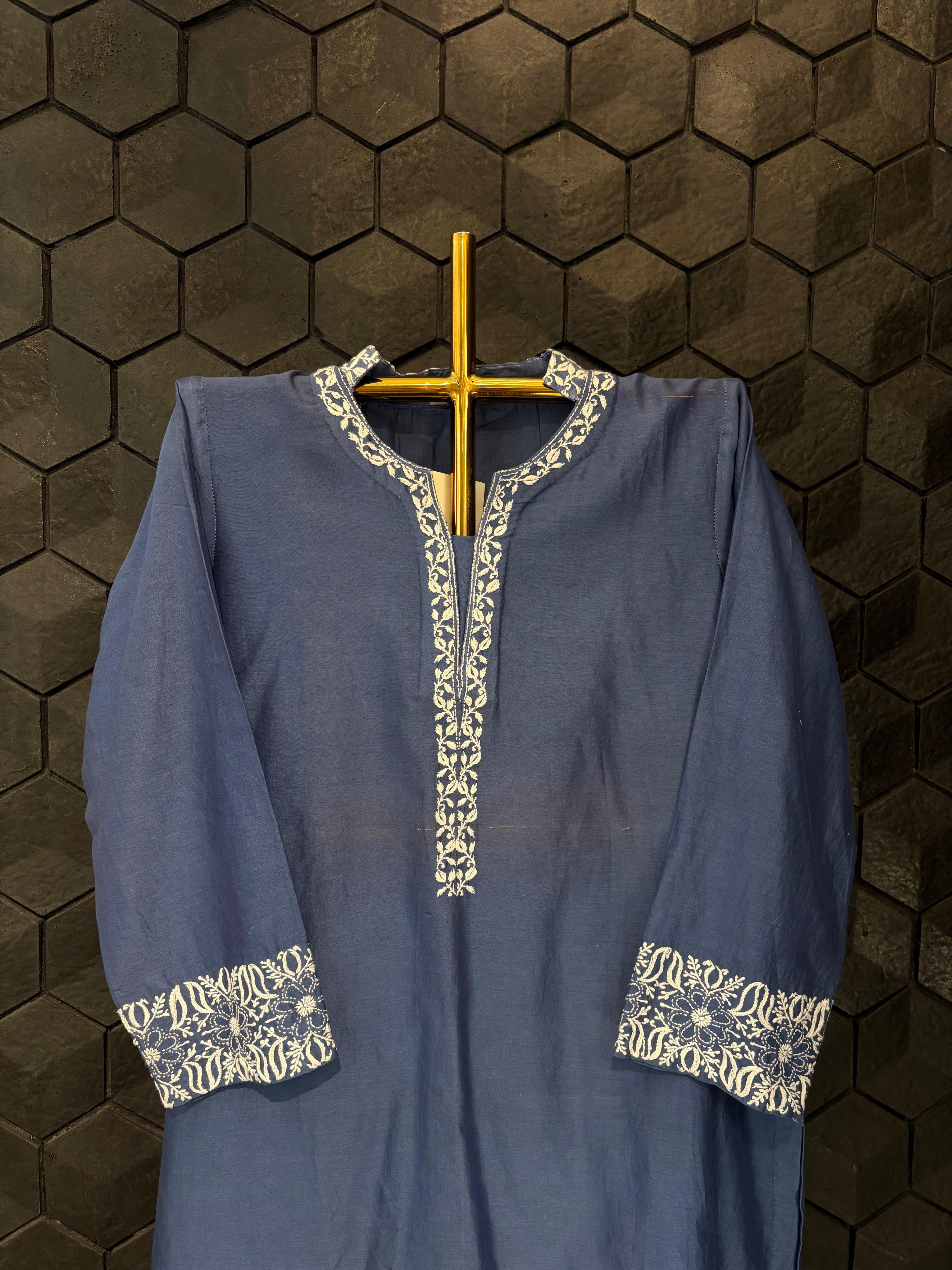 Cobalt Blue Chanderi chikankari Co-ord sets