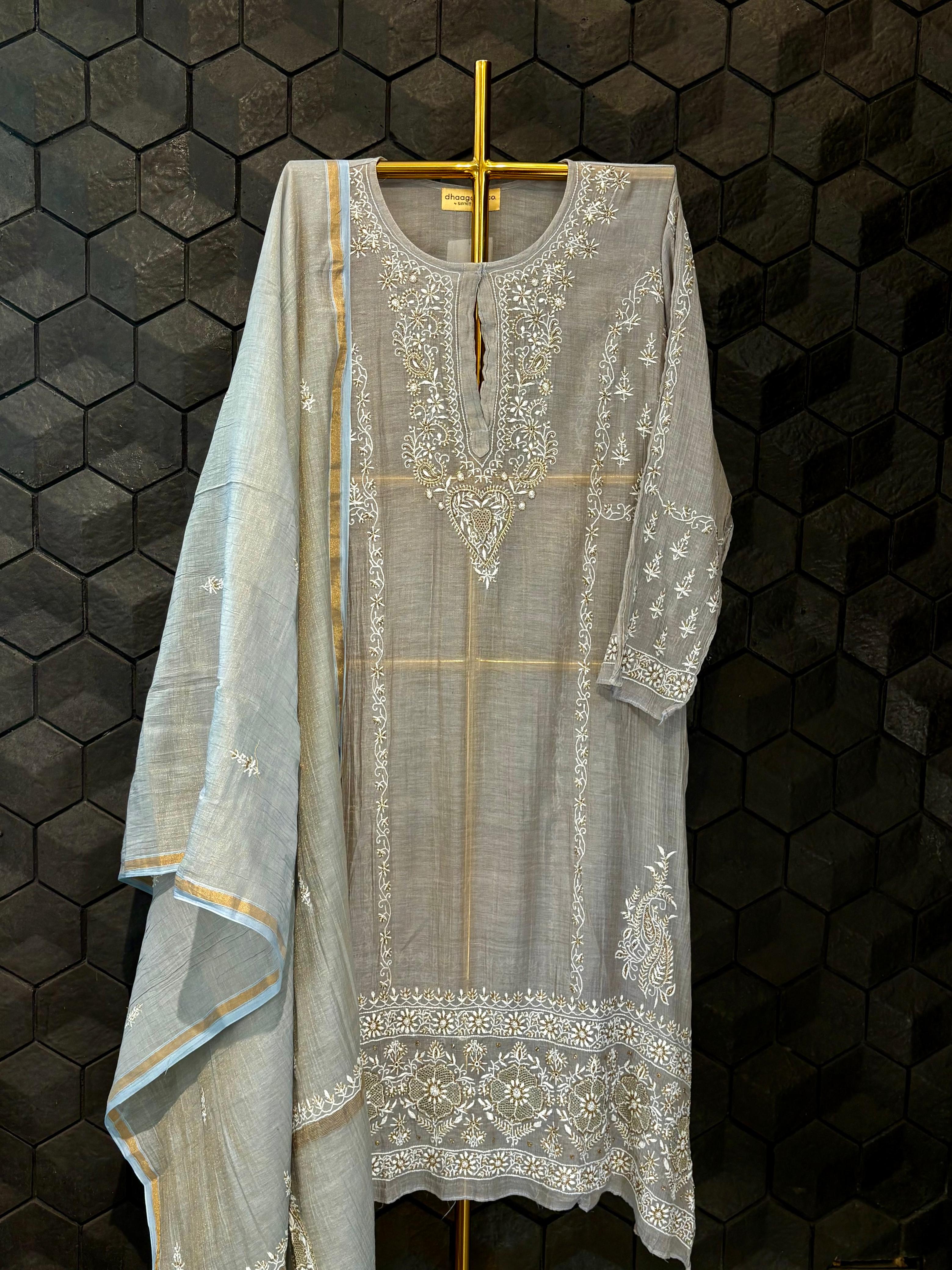 Grey Tissue Chikankari Kurta Set