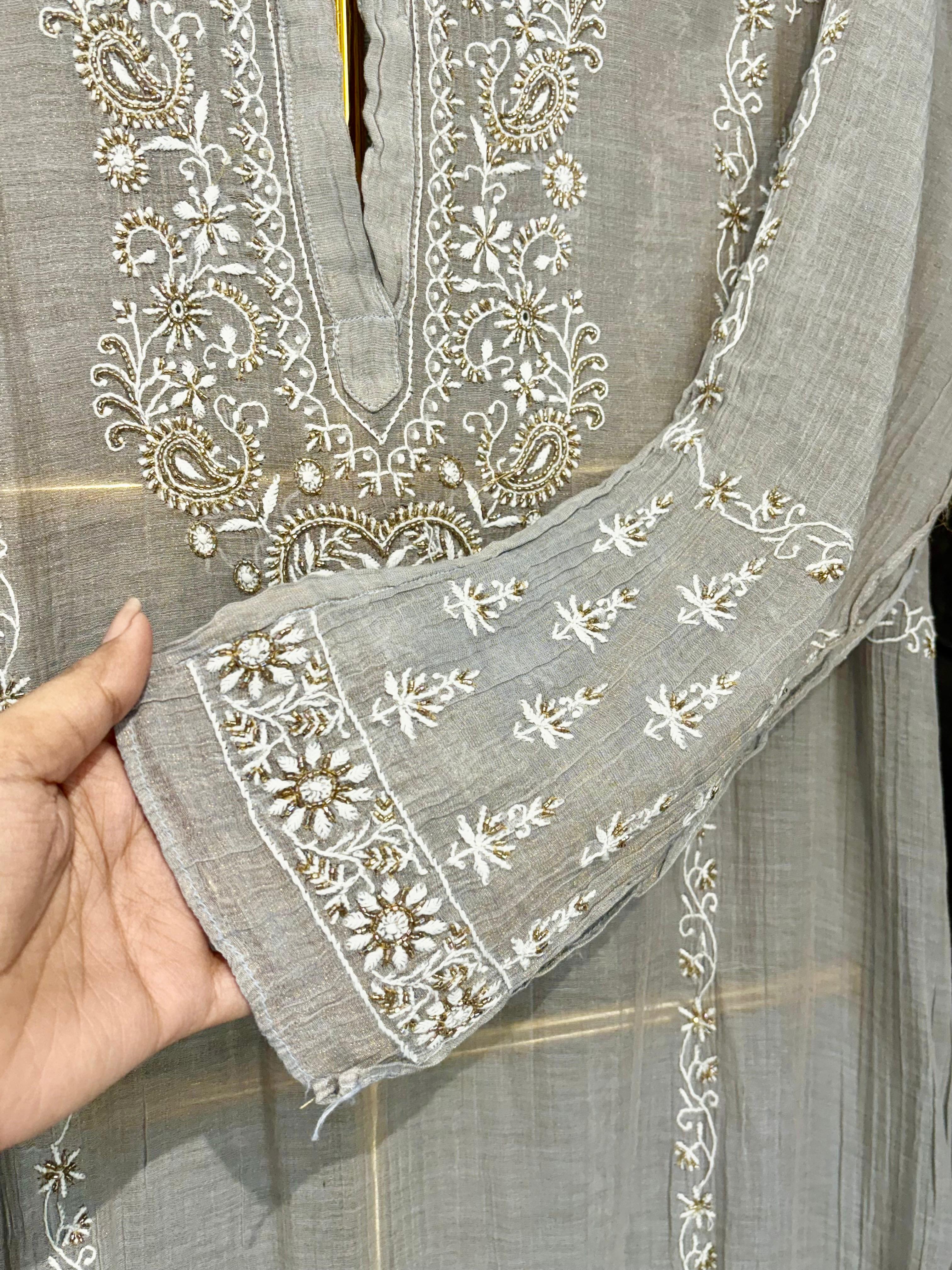Grey Tissue Chikankari Kurta Set